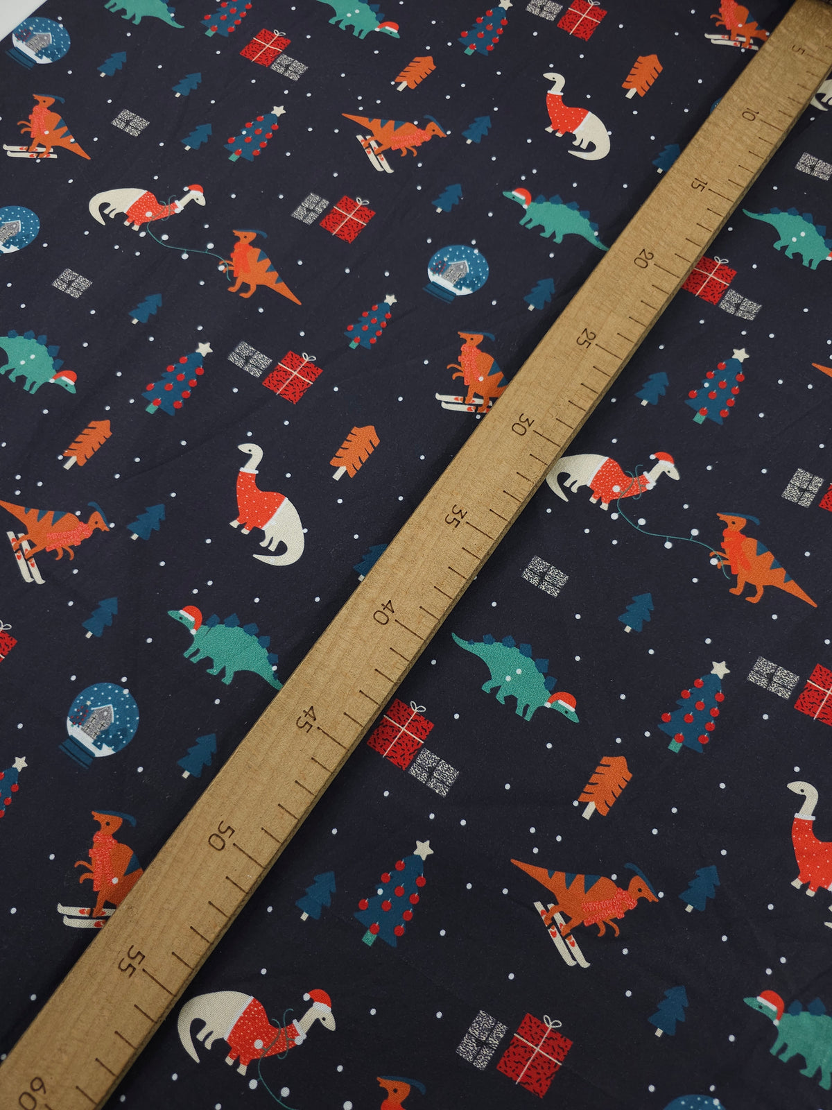 Indigo Navy Dino Christmas 100% Cotton - Joann