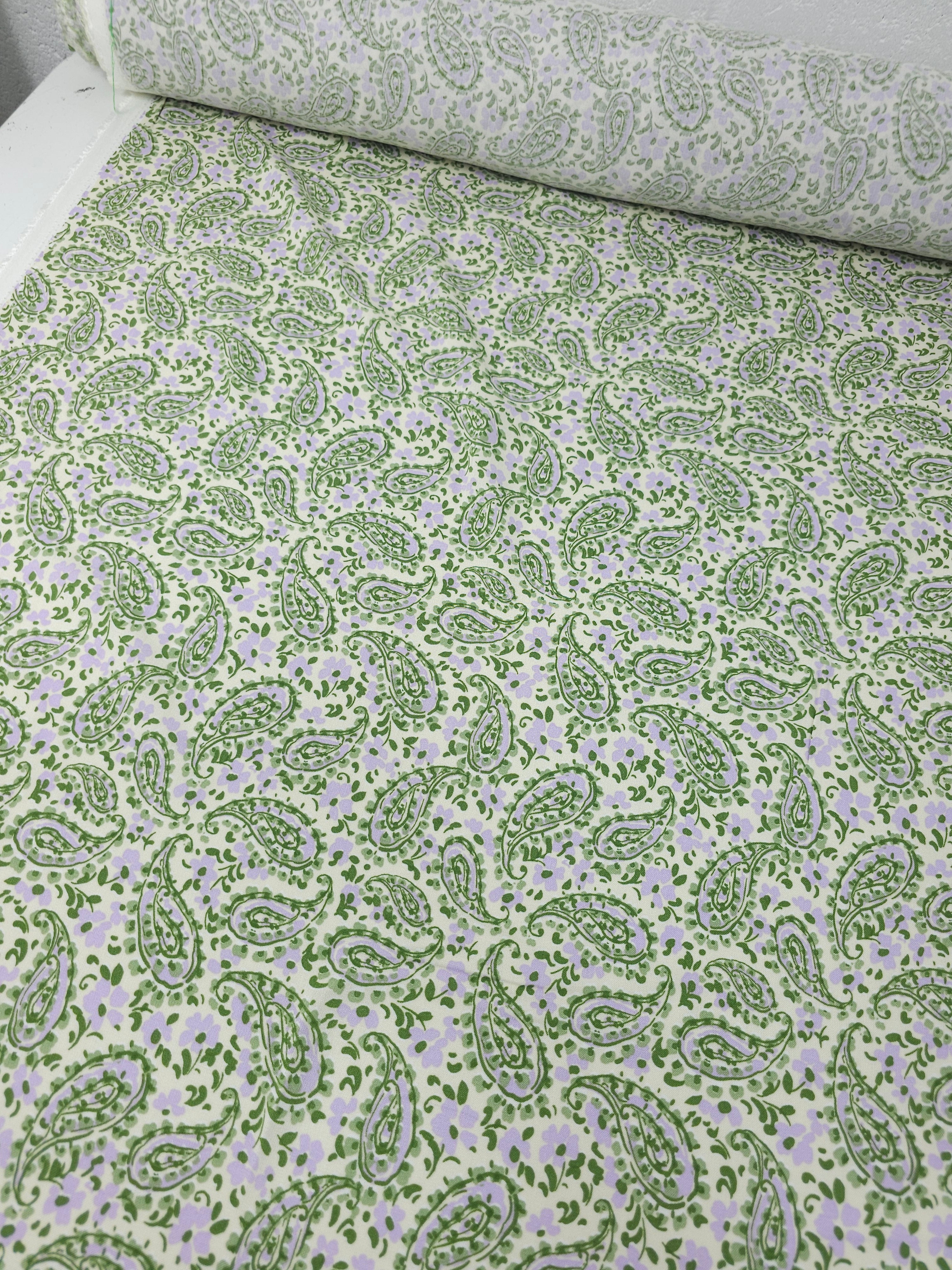 Green/Lilac Paisley Floral Viscose Challis