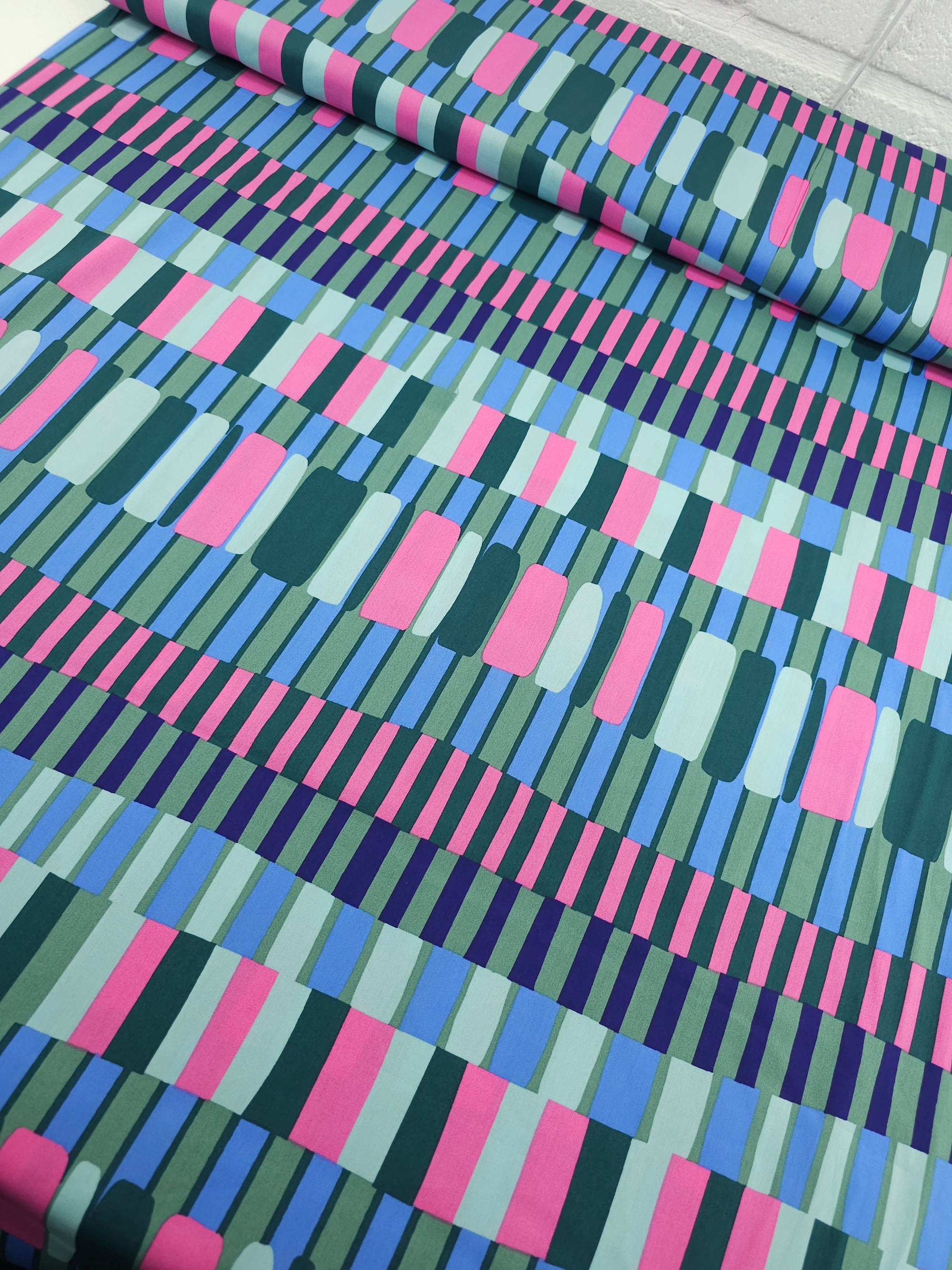 Sage/Pink Abstract Layer Stripes Cotton Viscose