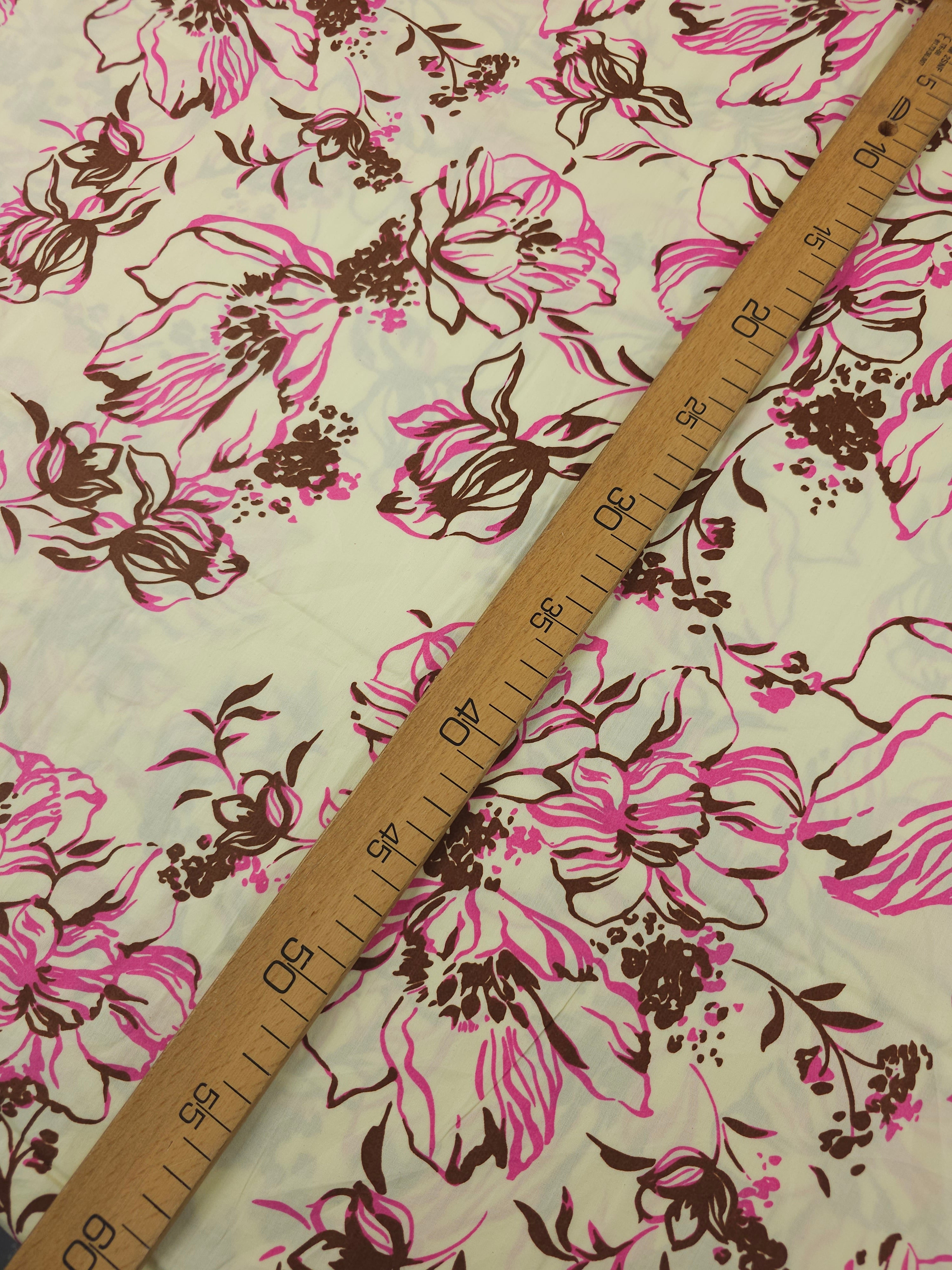 Pink/Brown On Creamy Yellow Sketch Wildflower Cotton Satin 60"