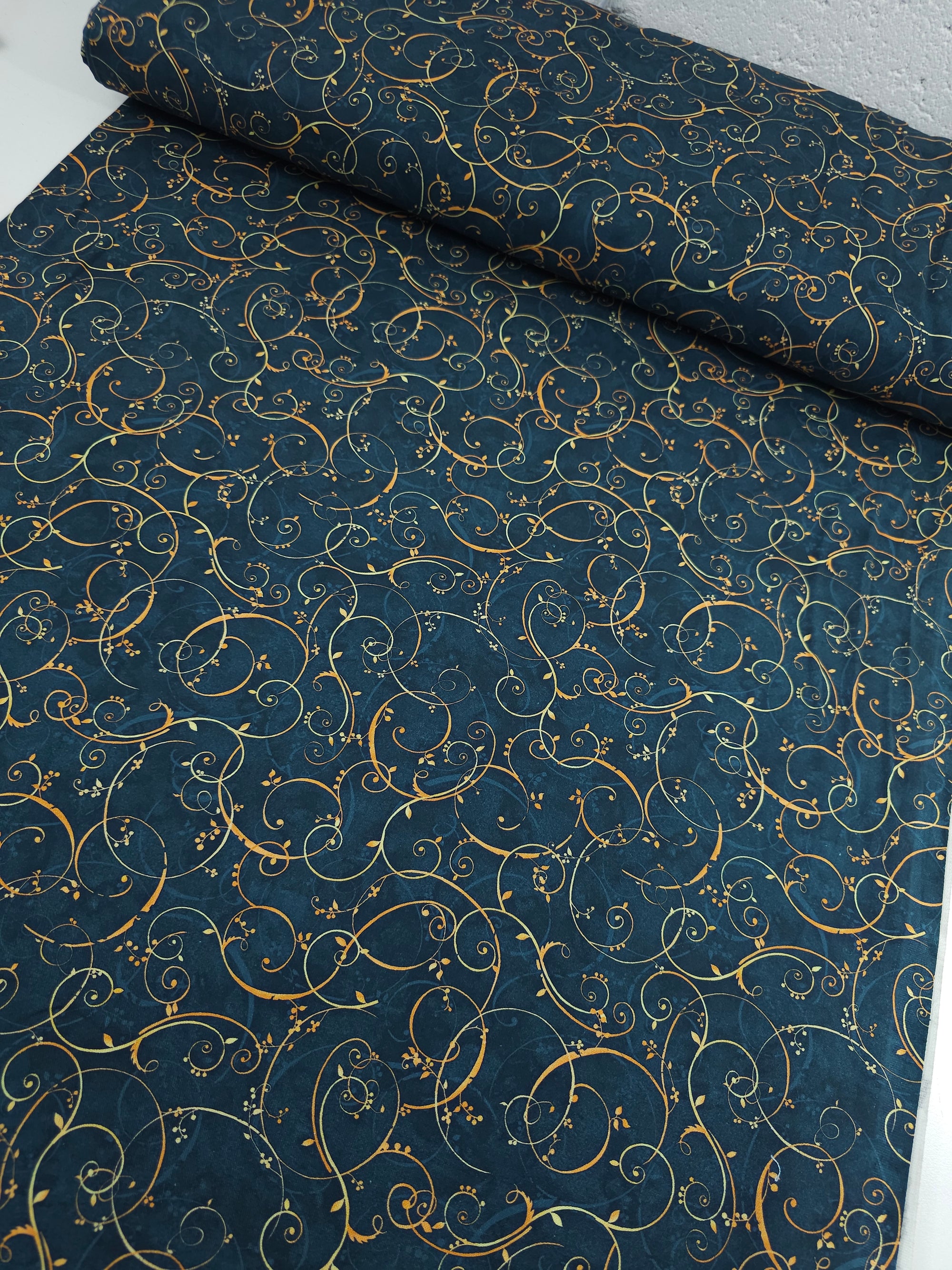 Petrol Navy/Marigold Elegant Swirl Vine 100% Cotton