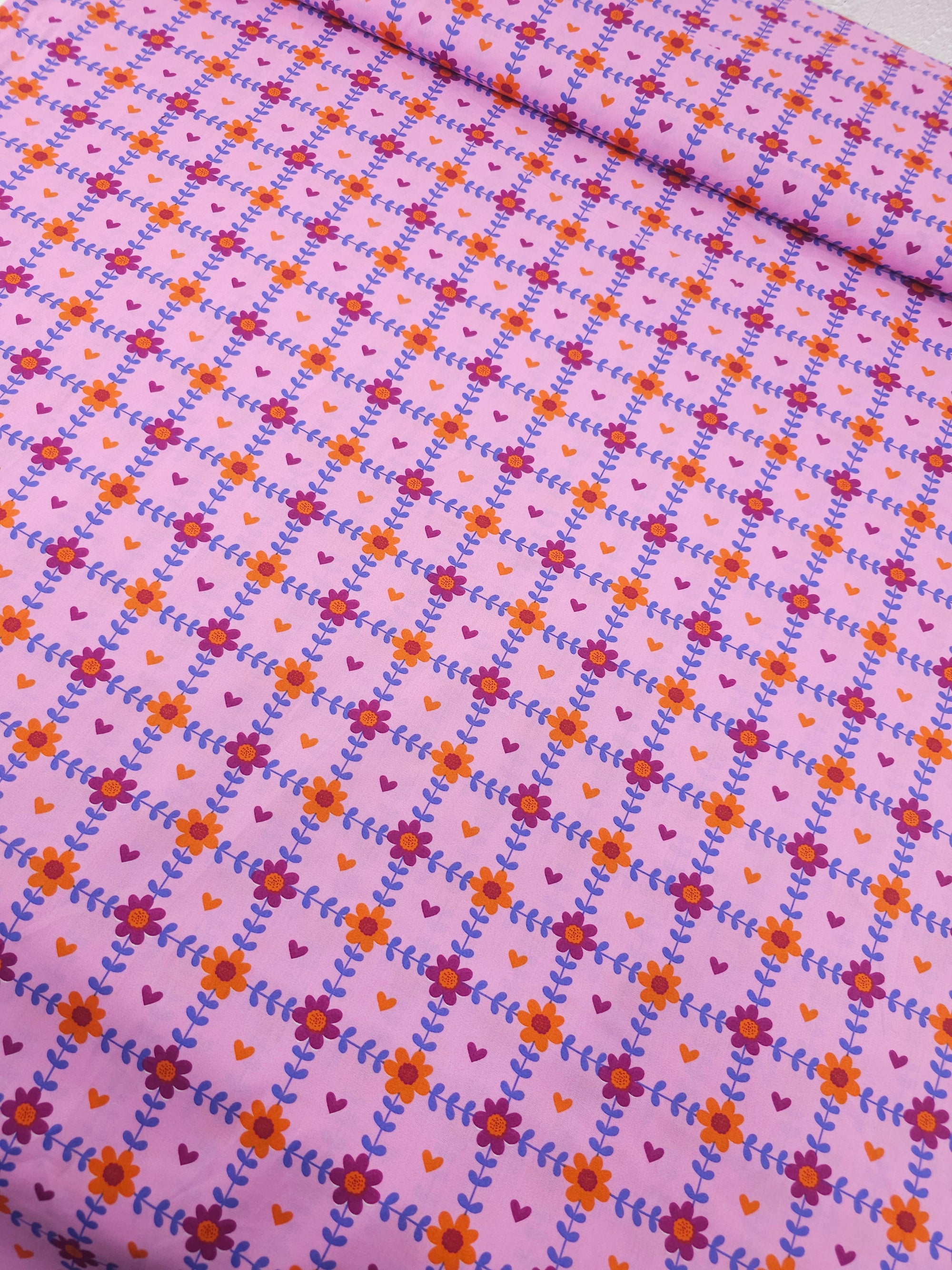 Pink Floral Grid Hearts Lightweight Cotton 57"