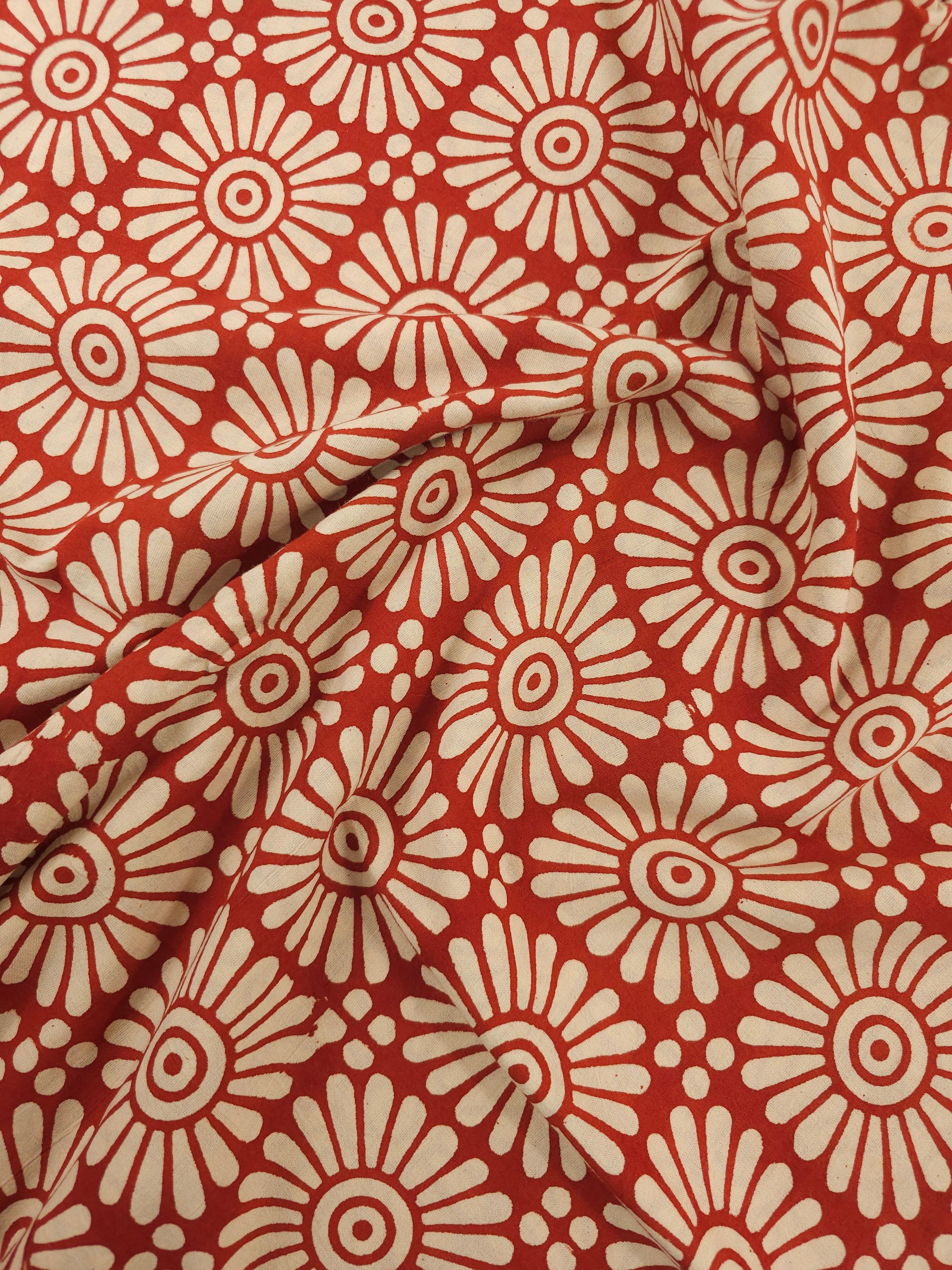 Rustic Red Flower Tile Block Print  Cotton