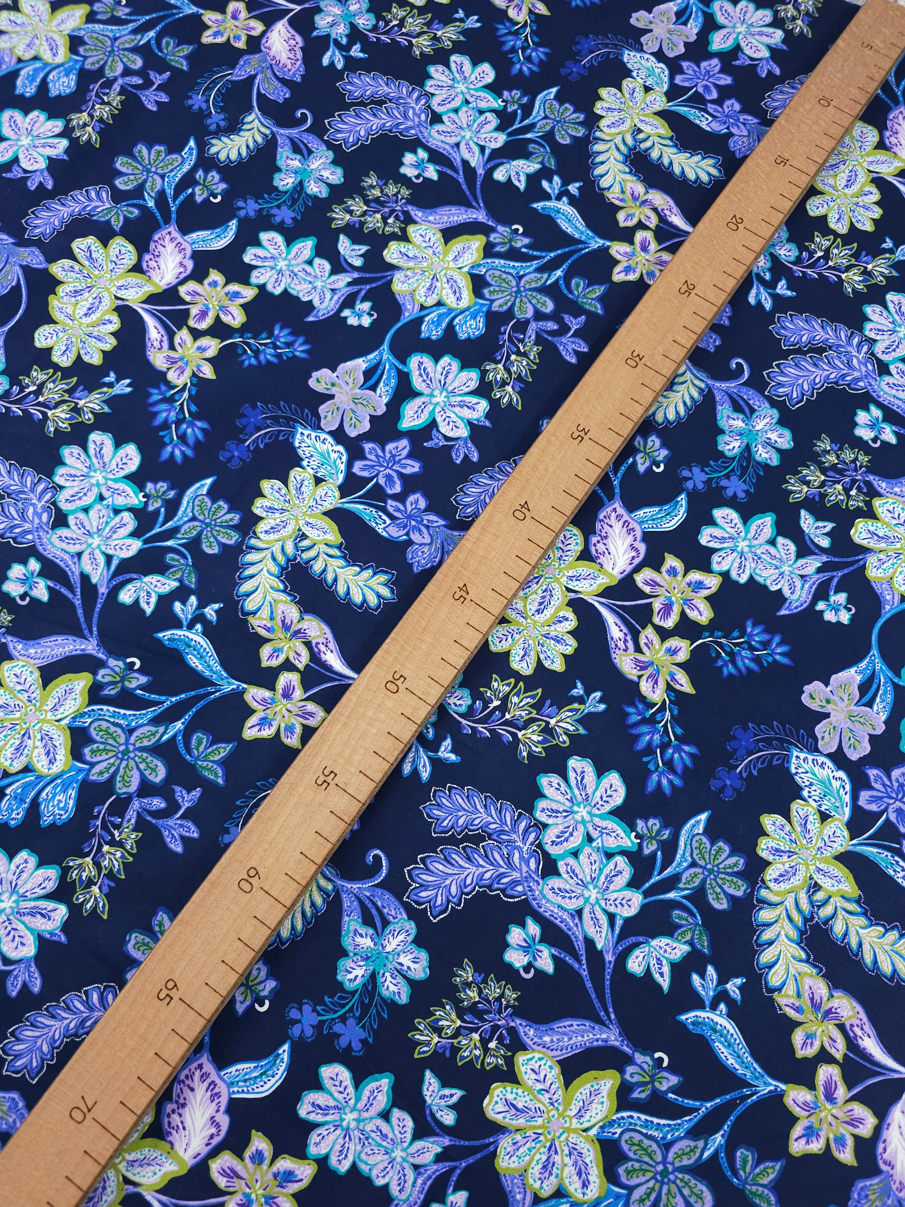 Indigo/Lime Floral Fantasy Lightweight Cotton Sateen Twill