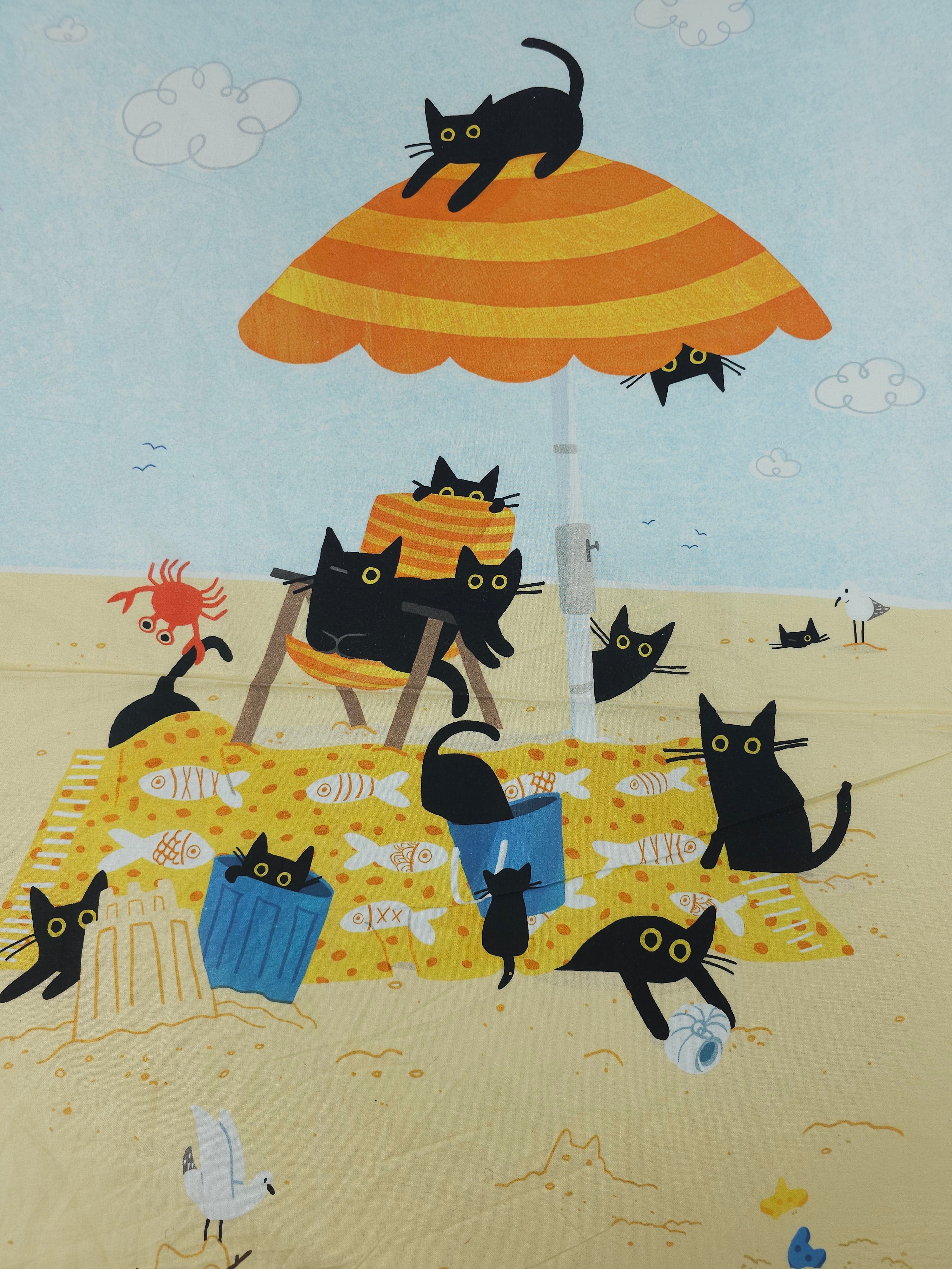 Cats On The Beach 100% Cotton - 60cm Panel