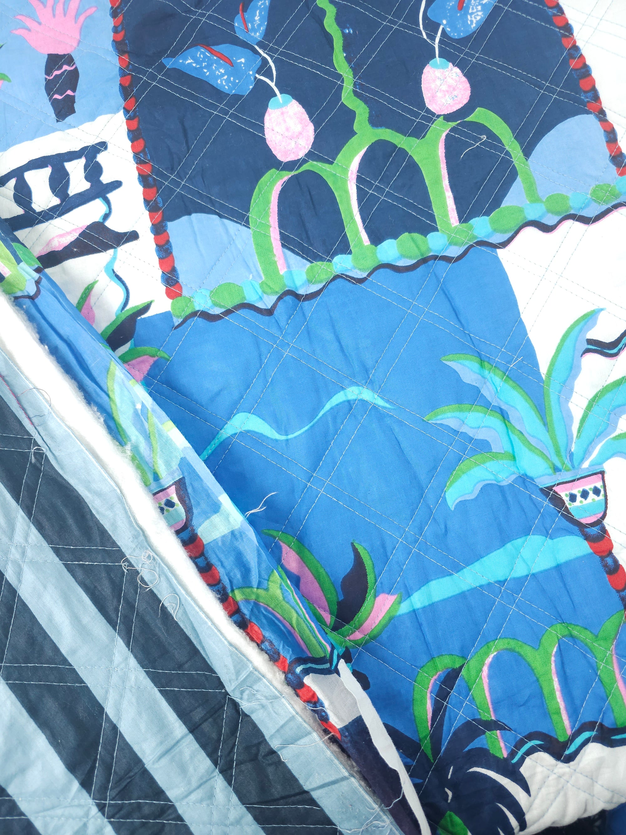 Blue/Pink Palm Tree Scenery Quilted Screen Print - 1.35m Piece