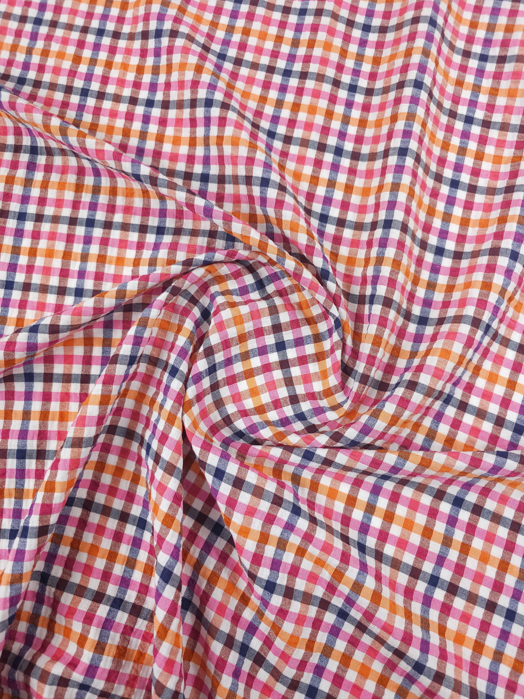 Orange/Pink/Navy Gingham Crinkle Cotton