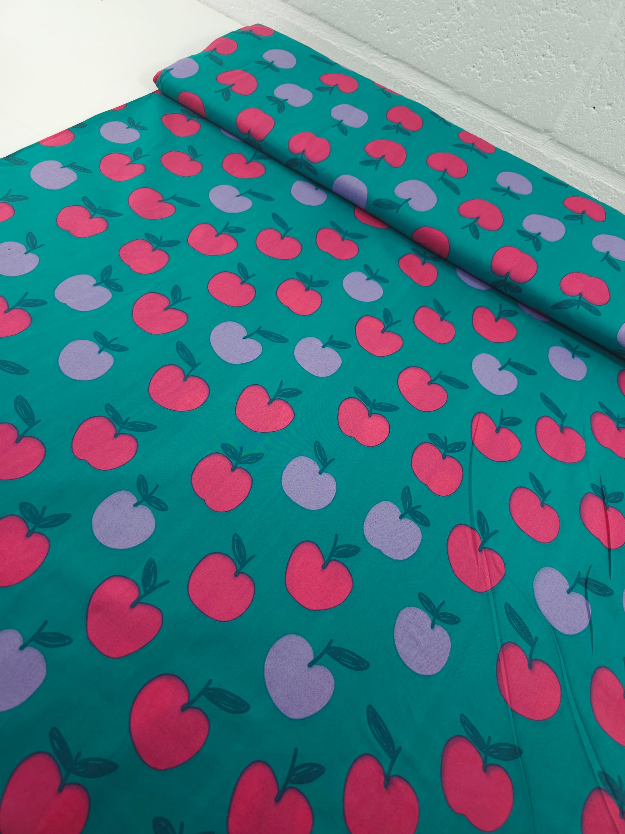 Deep Teal Floating Apples 100% Cotton 60"