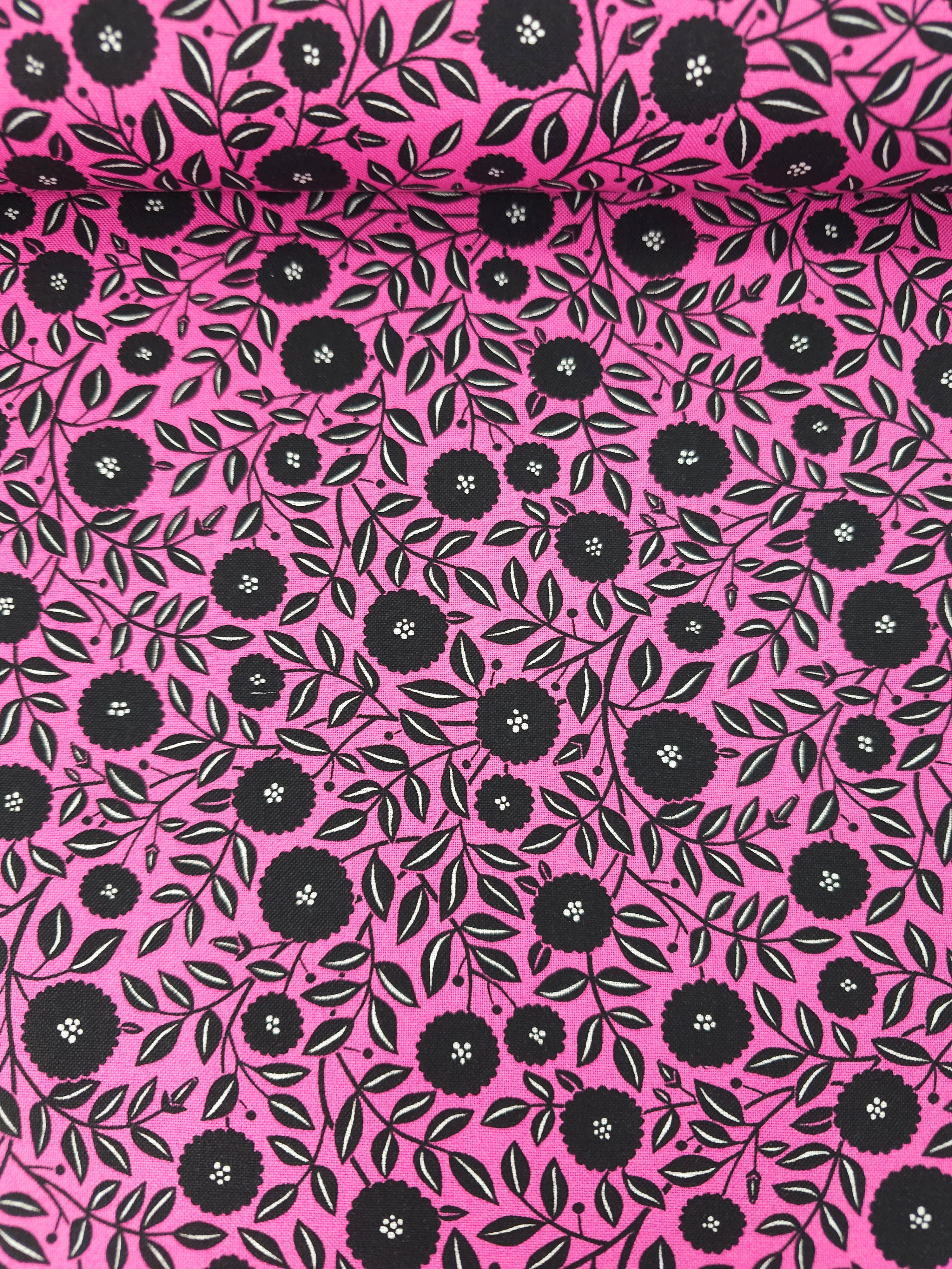 Fuchsia Pink/Black Puff Floral 100% Cotton
