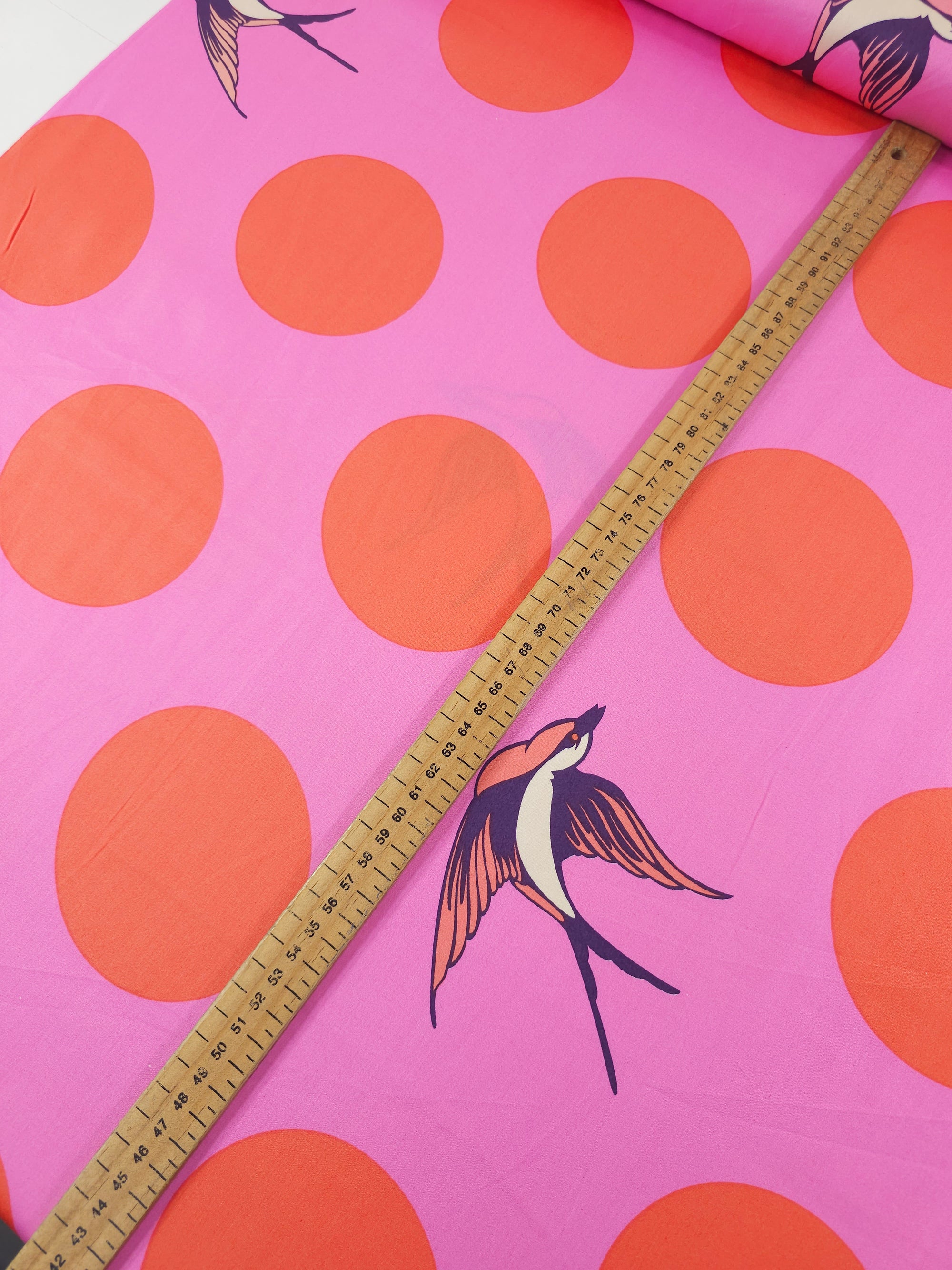Orangey Red/Pink Free Fall Bird Polka Cotton Sateen 103" - Tula Pink *EXTRA WIDE*