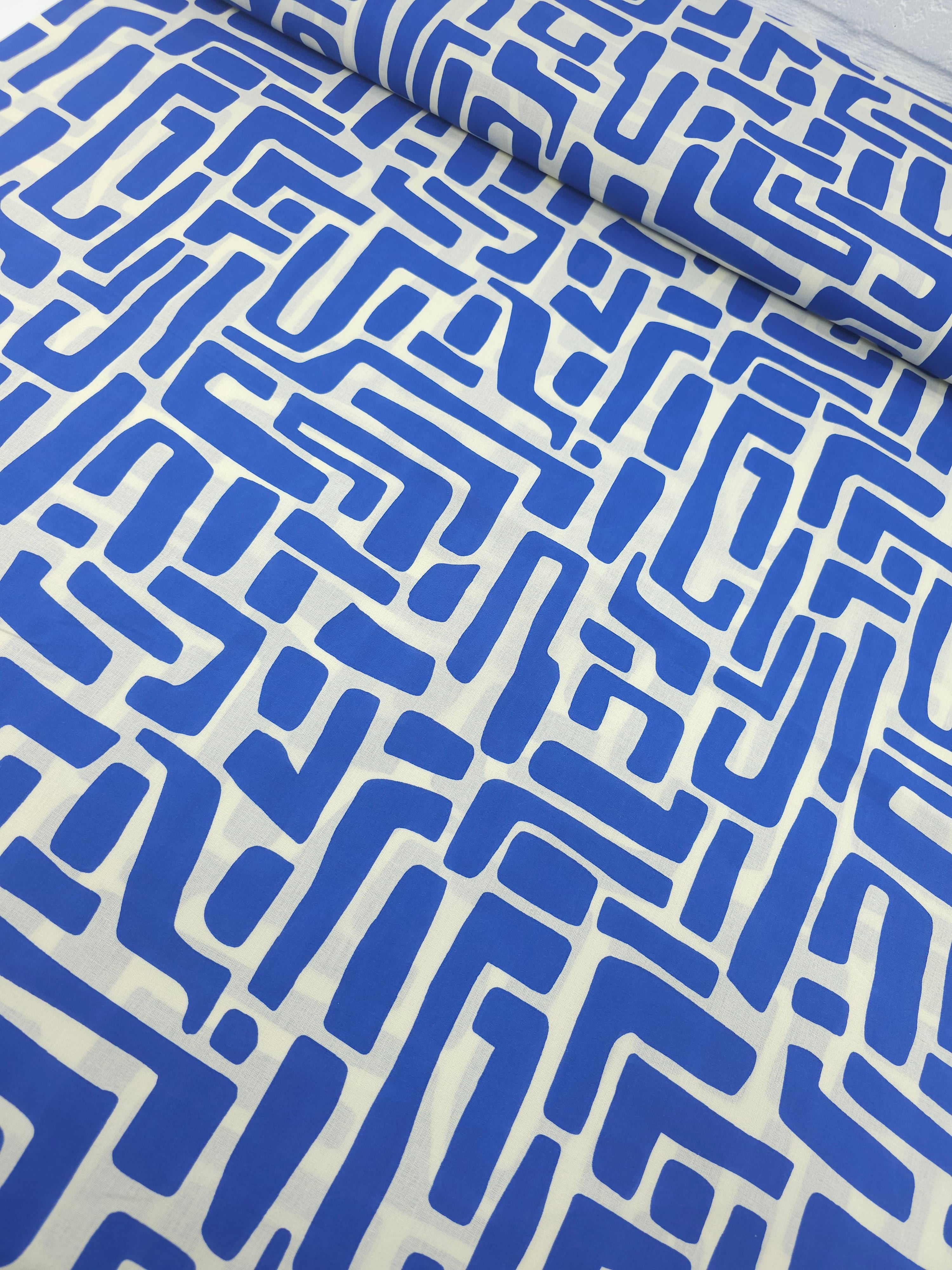 Blue/Ivory Cream Abstract Maze Coated Cotton 60"