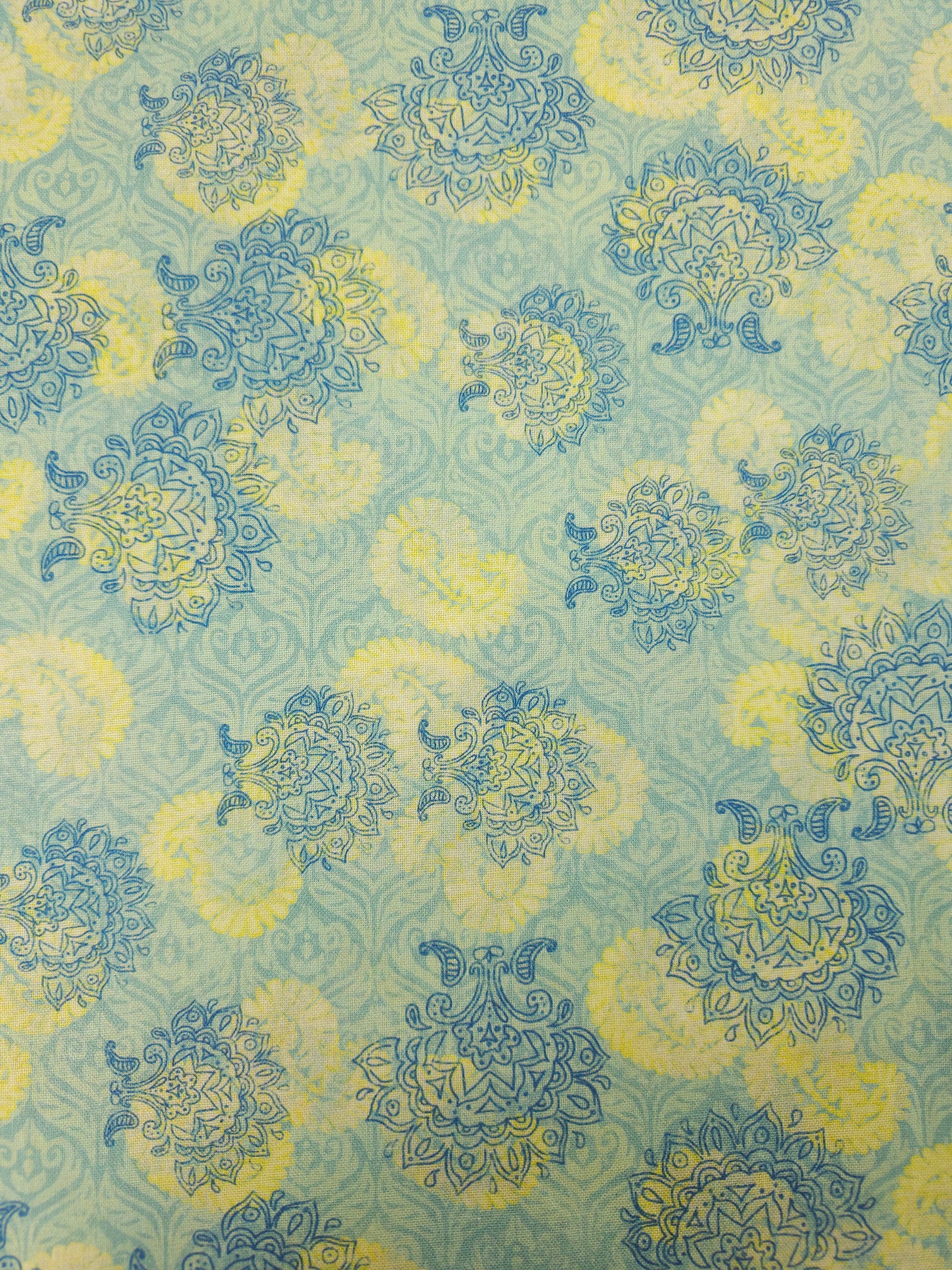 Pale Teal/Yellow Paisley Splodge 100% Cotton