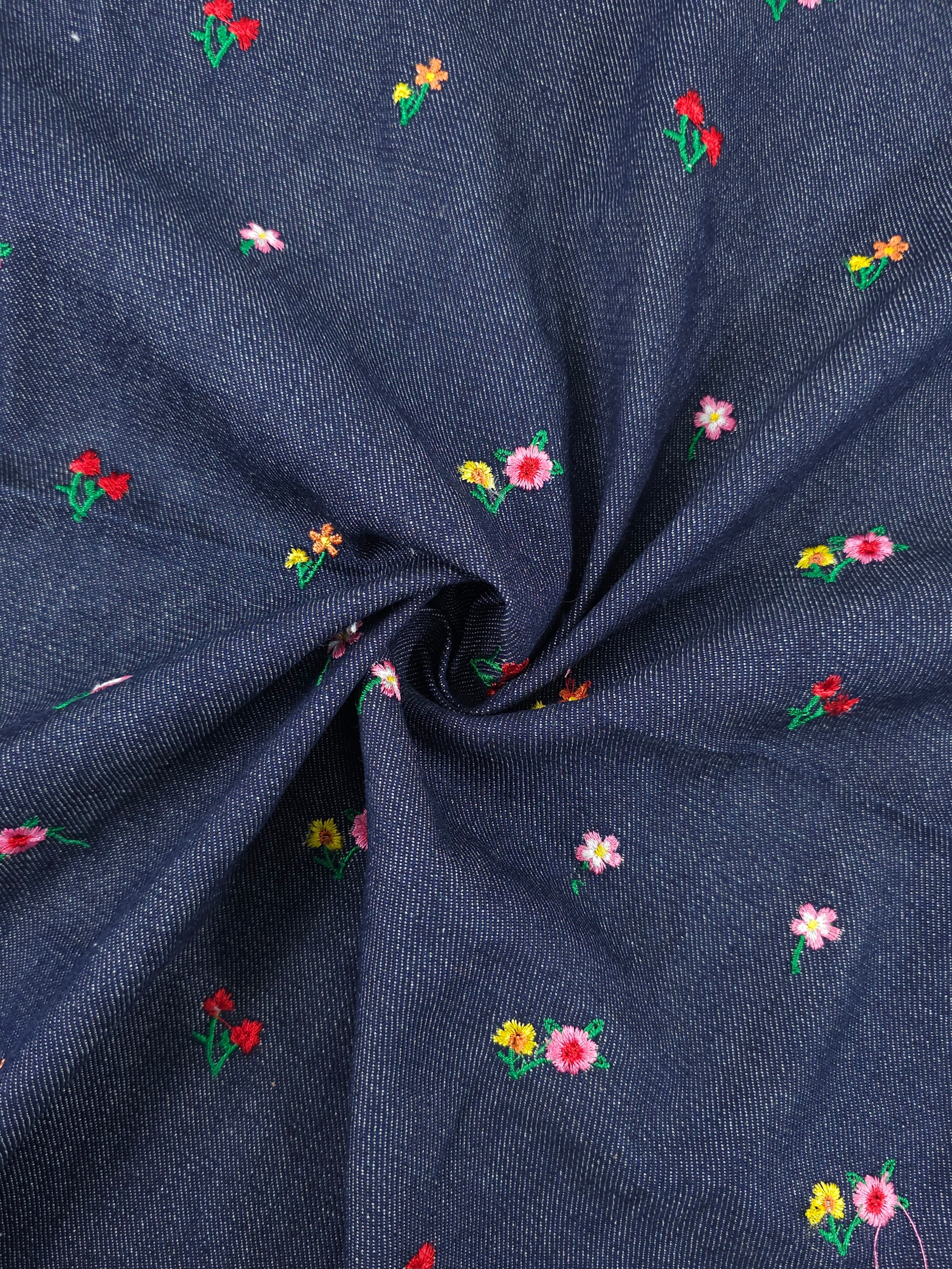 Navy Embroidered Flower Denim