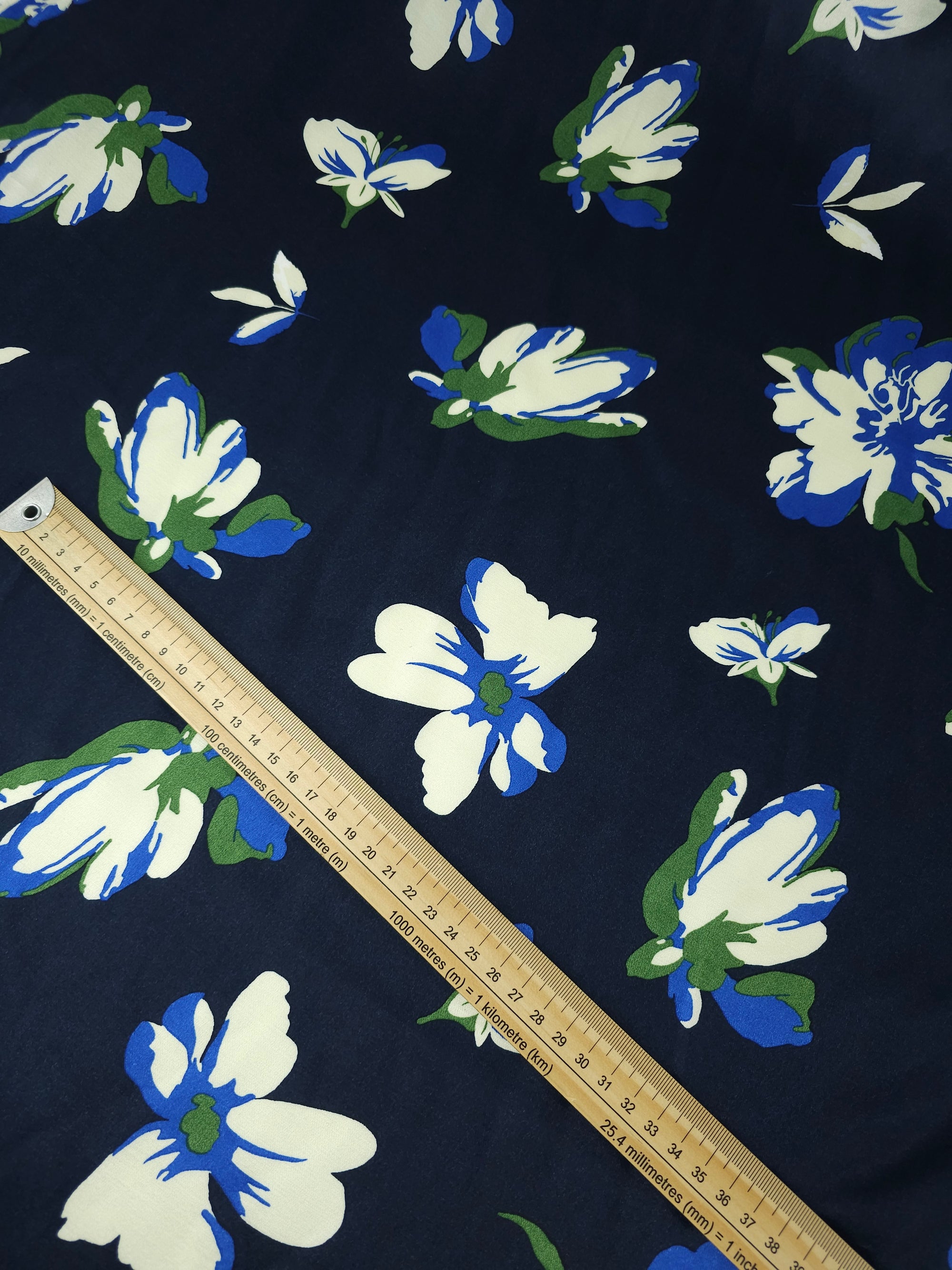 Navy Watercolour Flower Viscose Satin