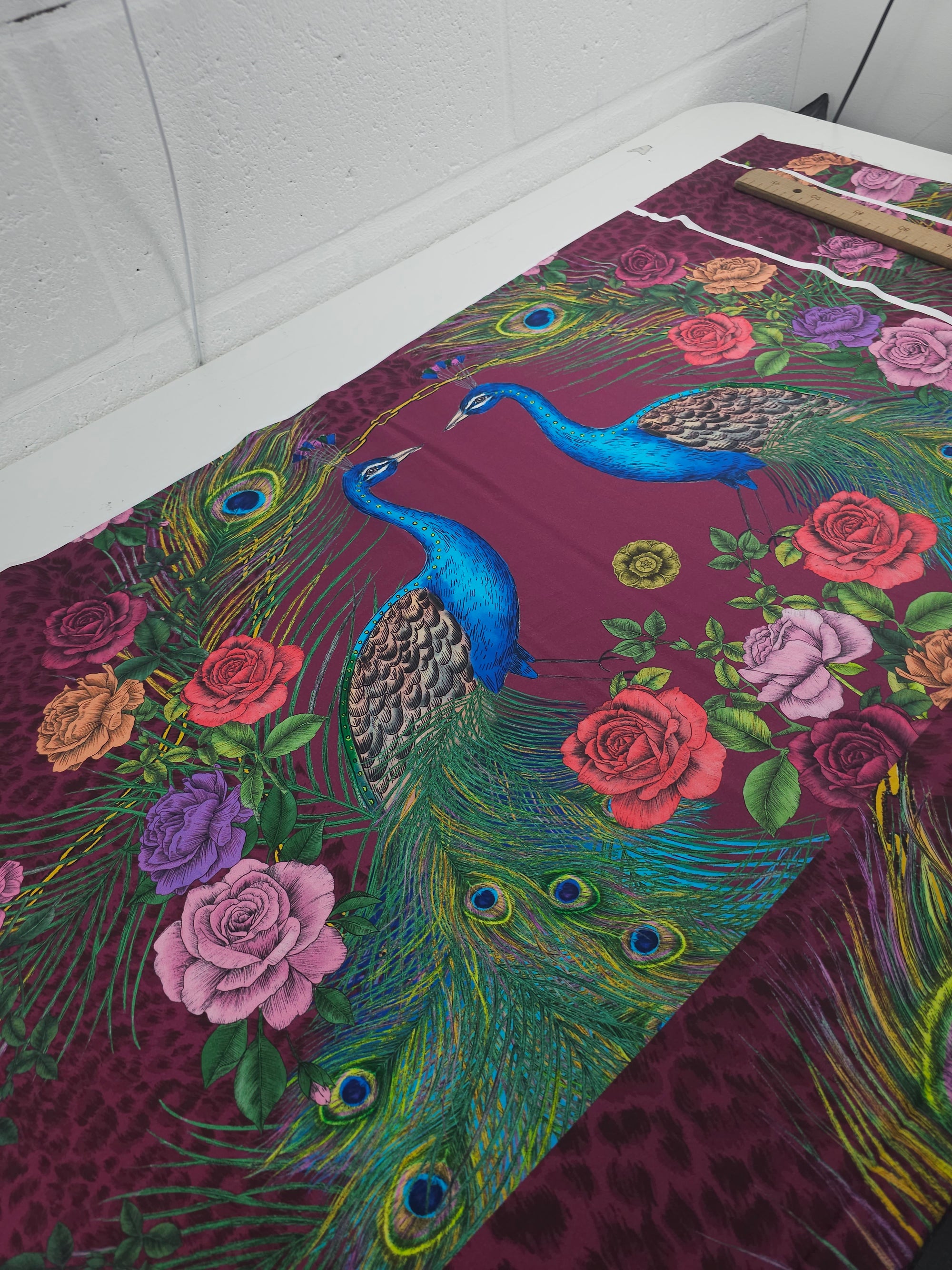 Plum Peacock Pair Cotton Sateen  96" *EXTRA WIDE* - 2.15m Panel