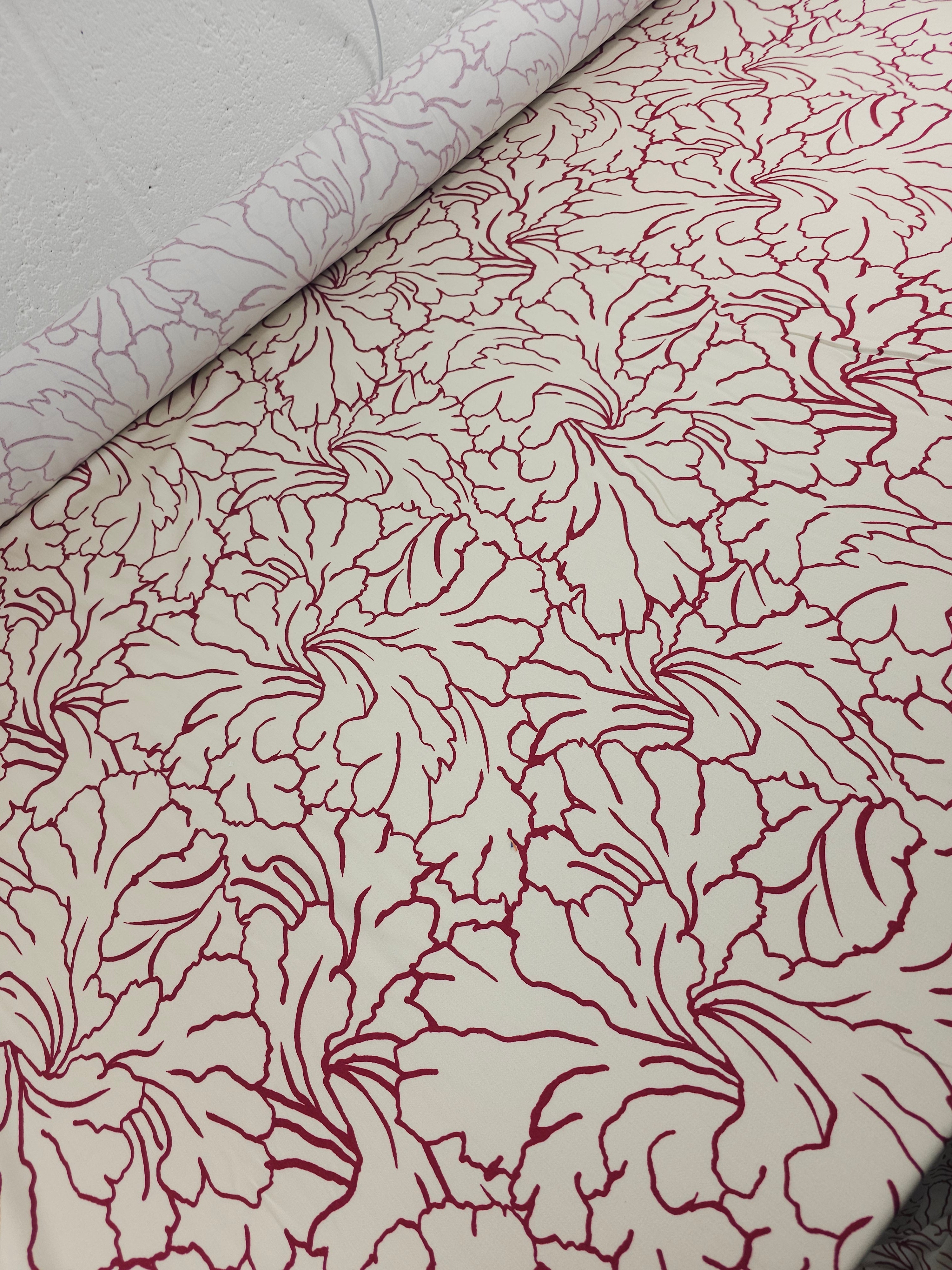 Wine/Cream Floral Outline Viscose Satin *DEFECT*