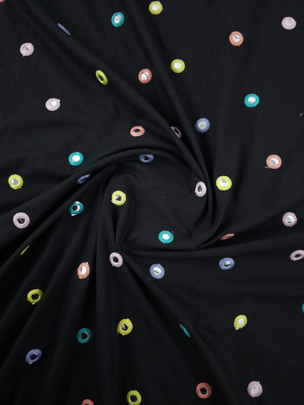 Black/Pastel Embroidered Mirror Circles Cotton Poplin