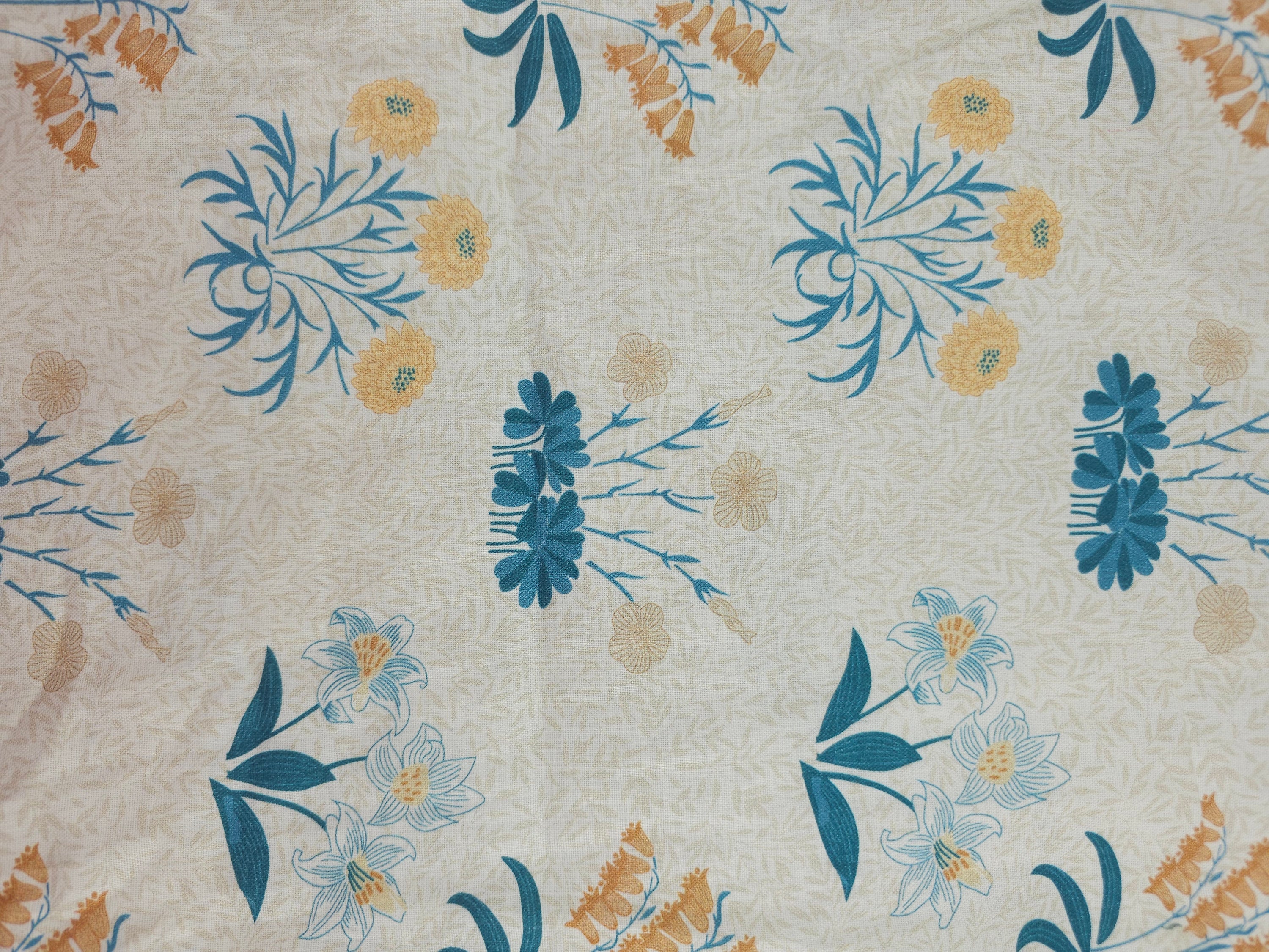 Teal Blue/Peach Flower Bunch 100% Cotton - 1.60m Piece