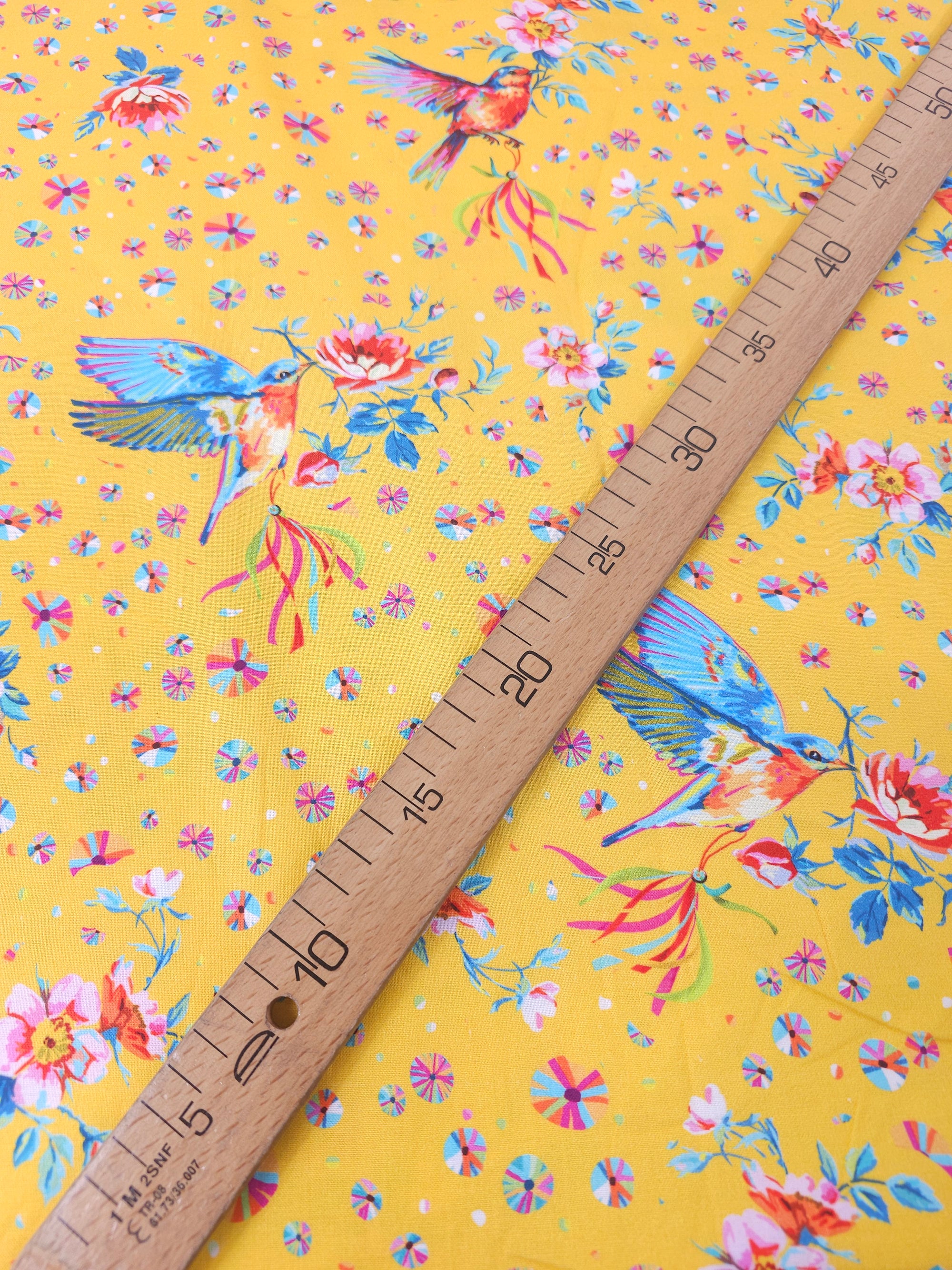 Warm Yellow Floral Hummingbird 100% Cotton - Odile Bailloeul