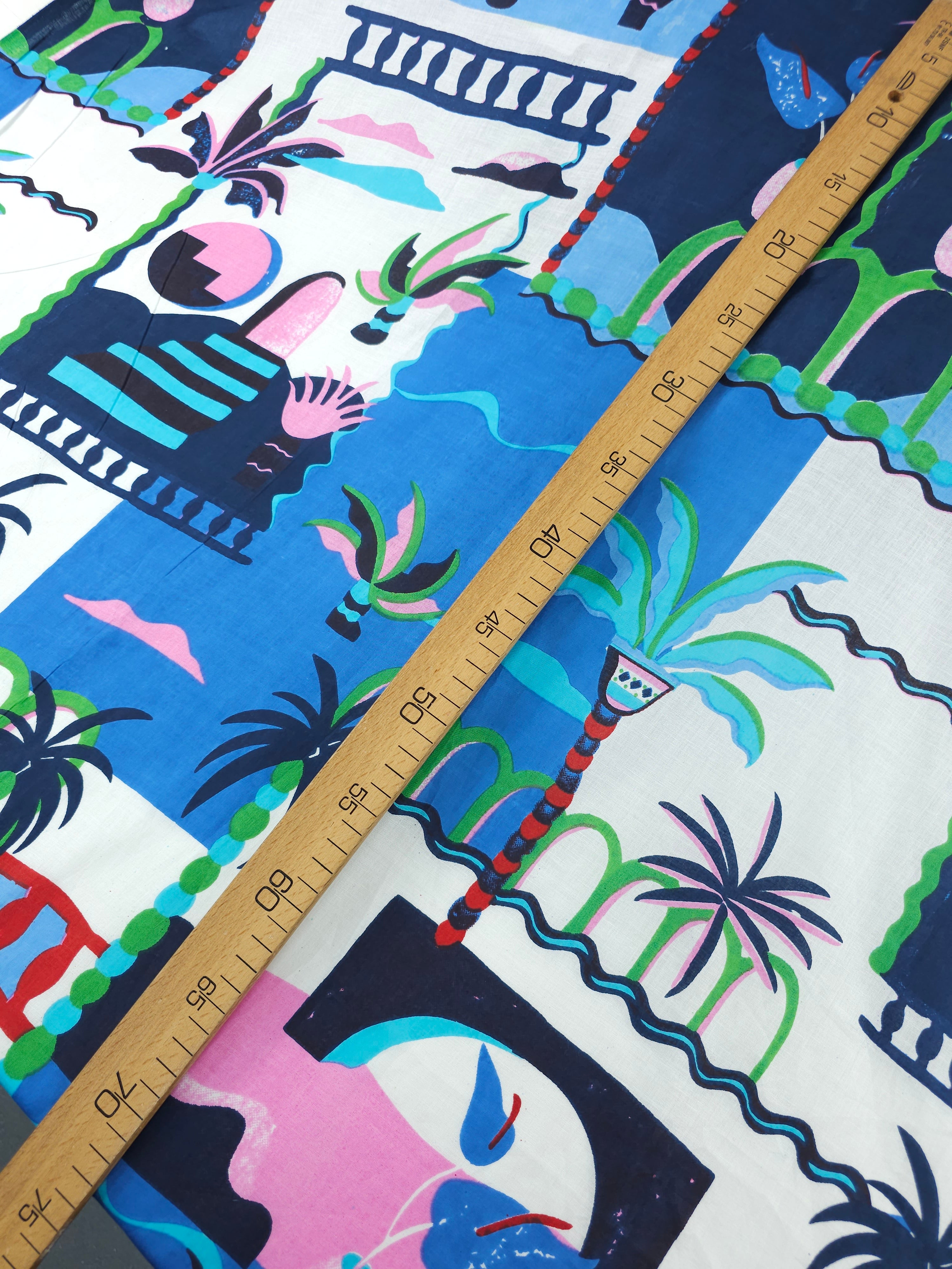Blue/Pink Palm Tree Scenery Cambric Cotton