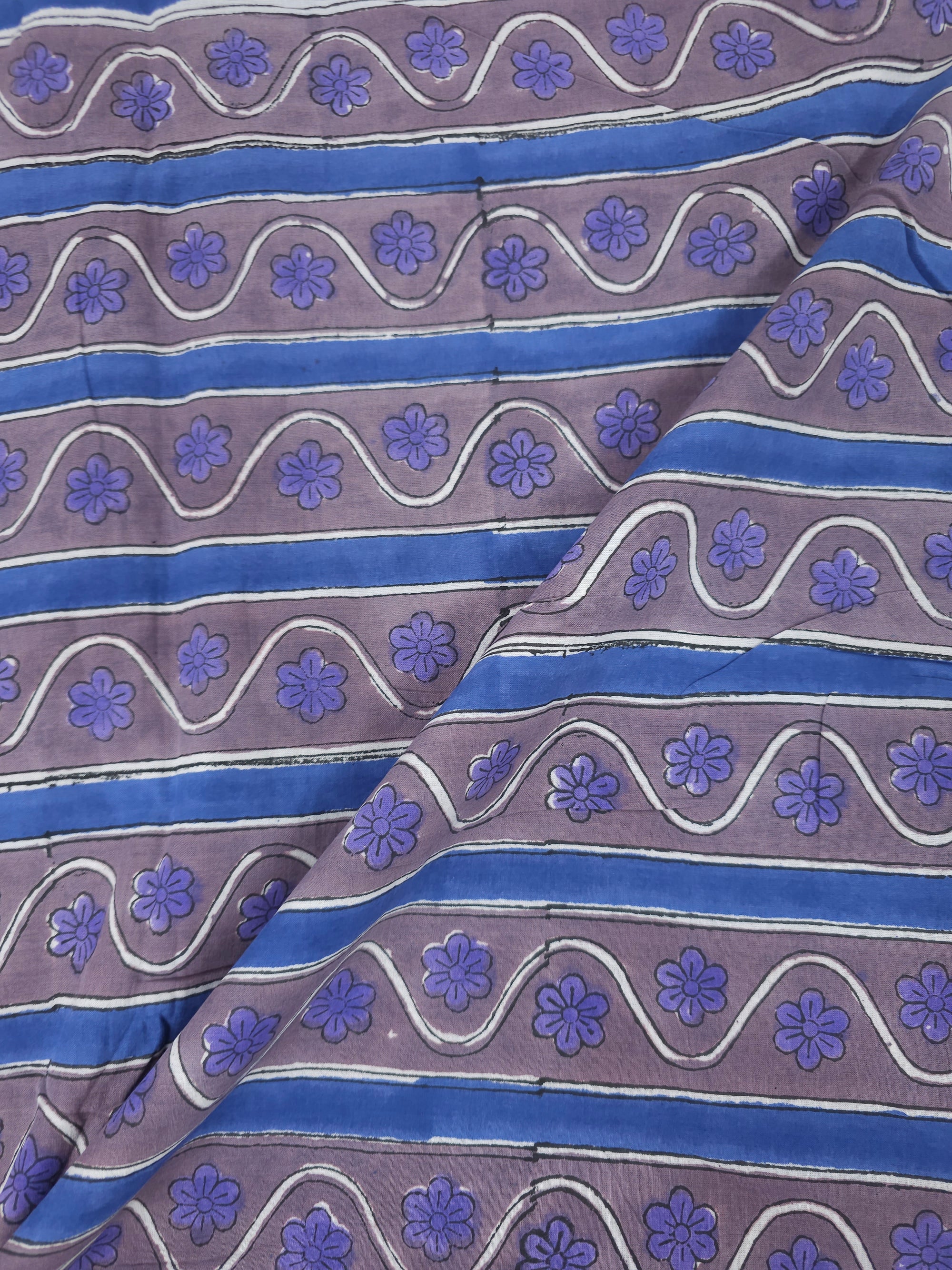 Lavender/Blue Daisy Floral Stripe Block Print Cotton