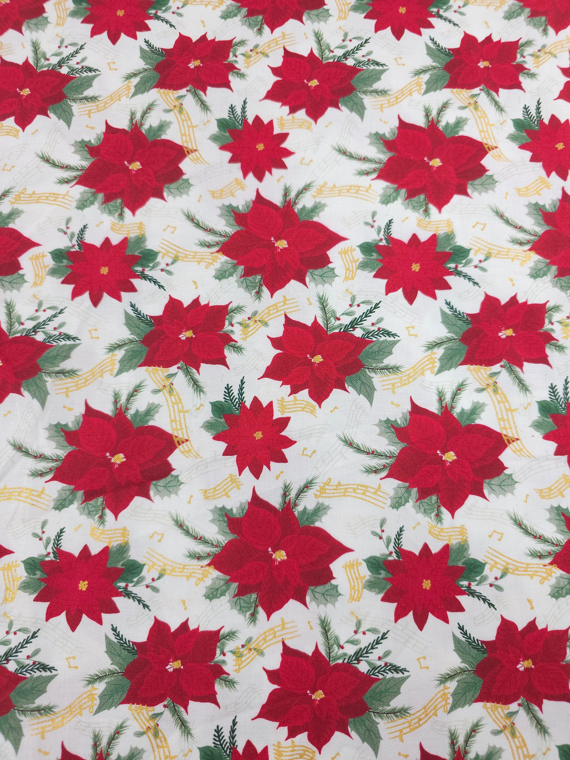 Red/White Musical Poinsettia Floral 100% Cotton