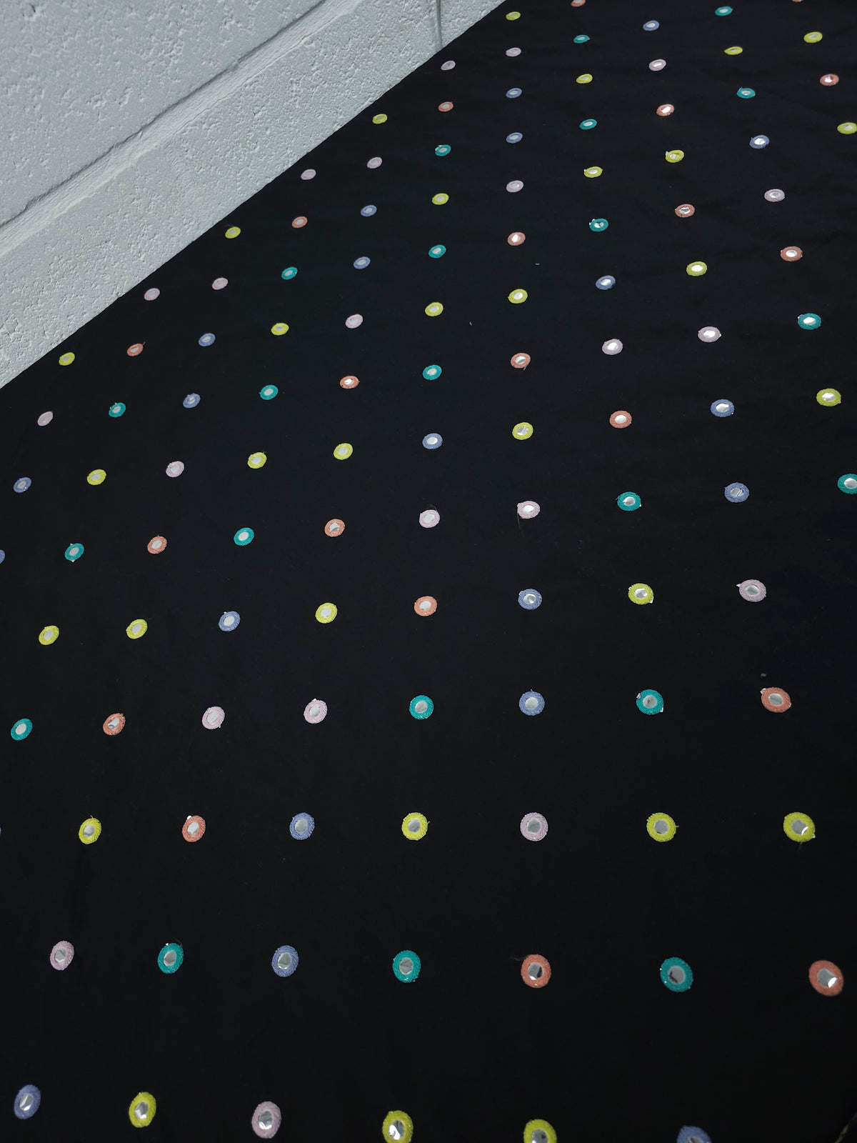 Black/Pastel Embroidered Mirror Circles Cotton Poplin