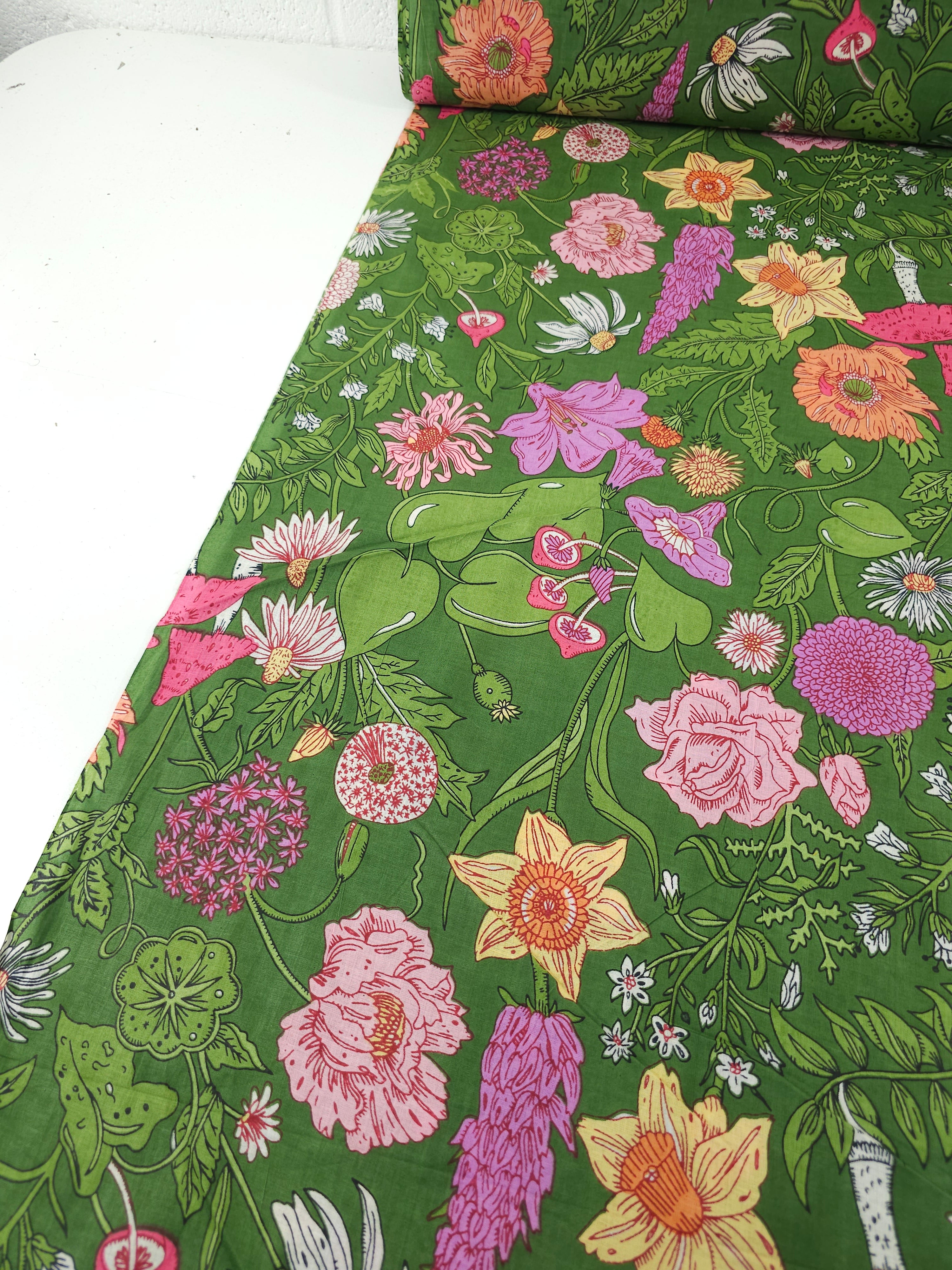 Green Floral Shroom Field Cambric Cotton
