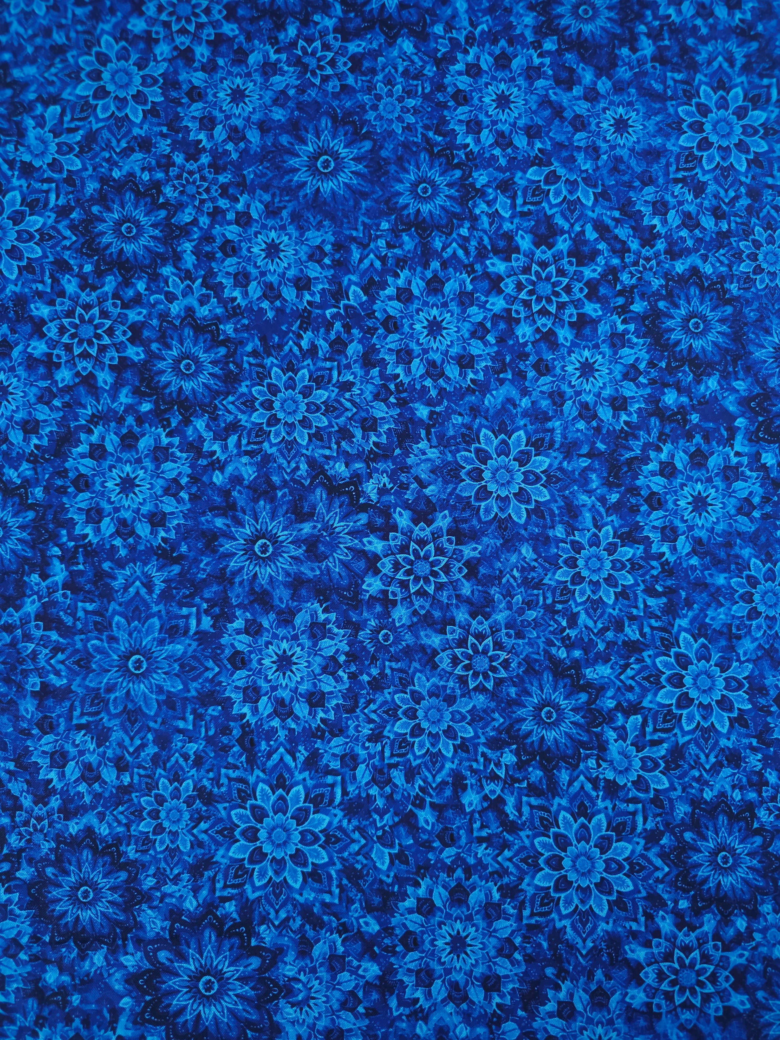 Dark Blue Dancing Dahlias Kaleidoscope 100% Cotton