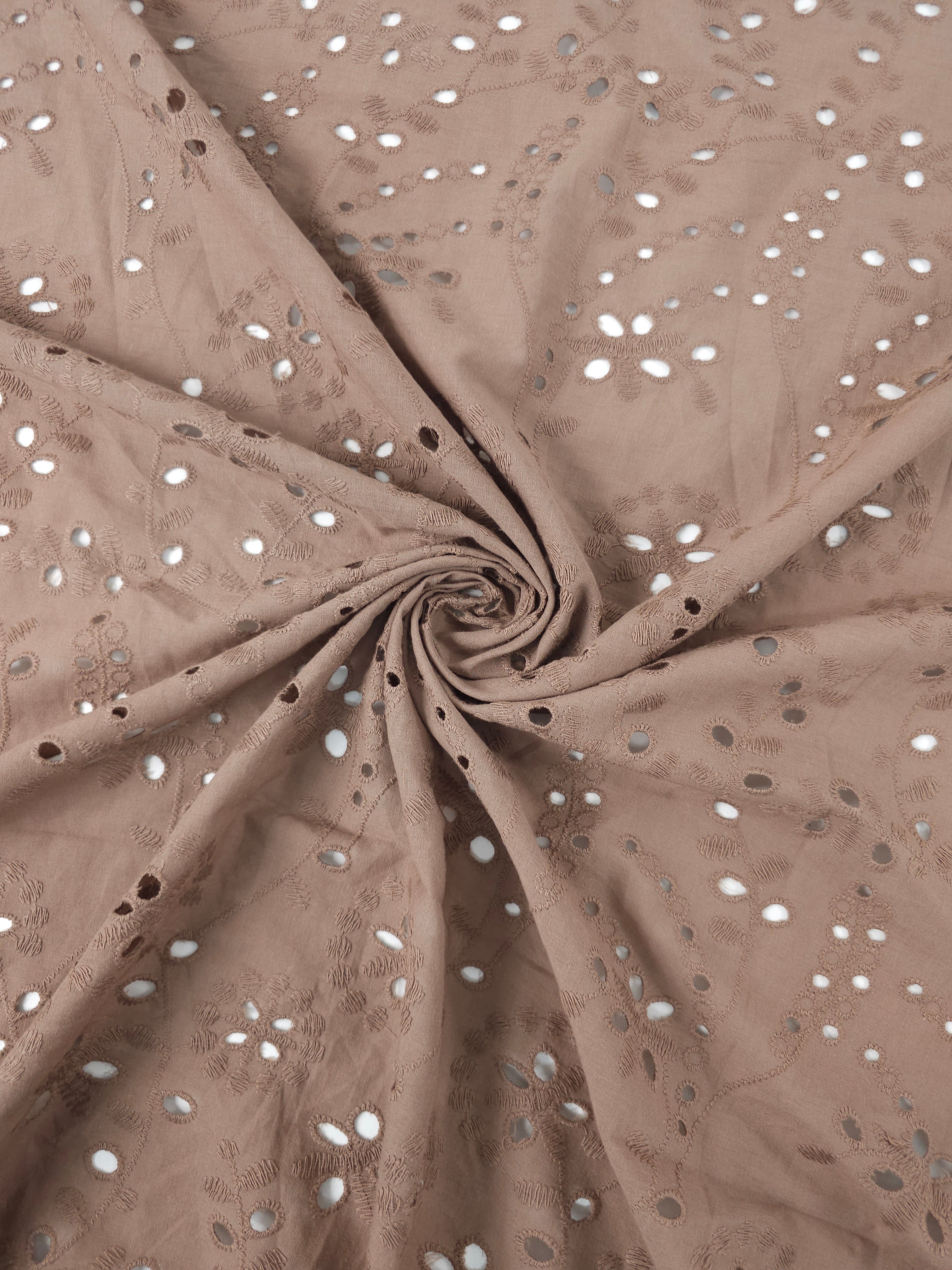 Pale Brown Puff Floral Vine Cambric Cotton Broderie Anglaise