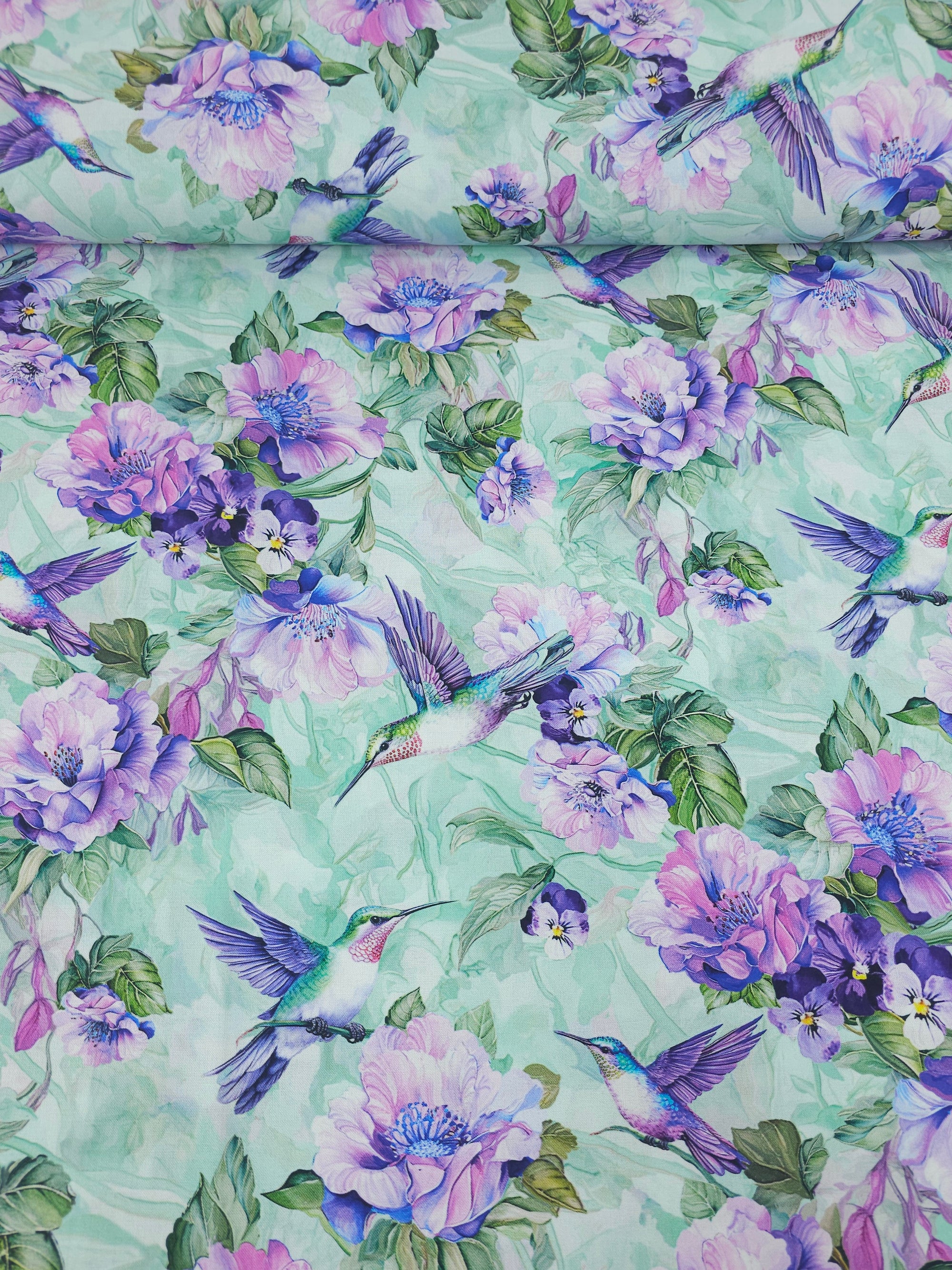 Mint Green/Purple Hummingbird Floral Delight 100% Cotton