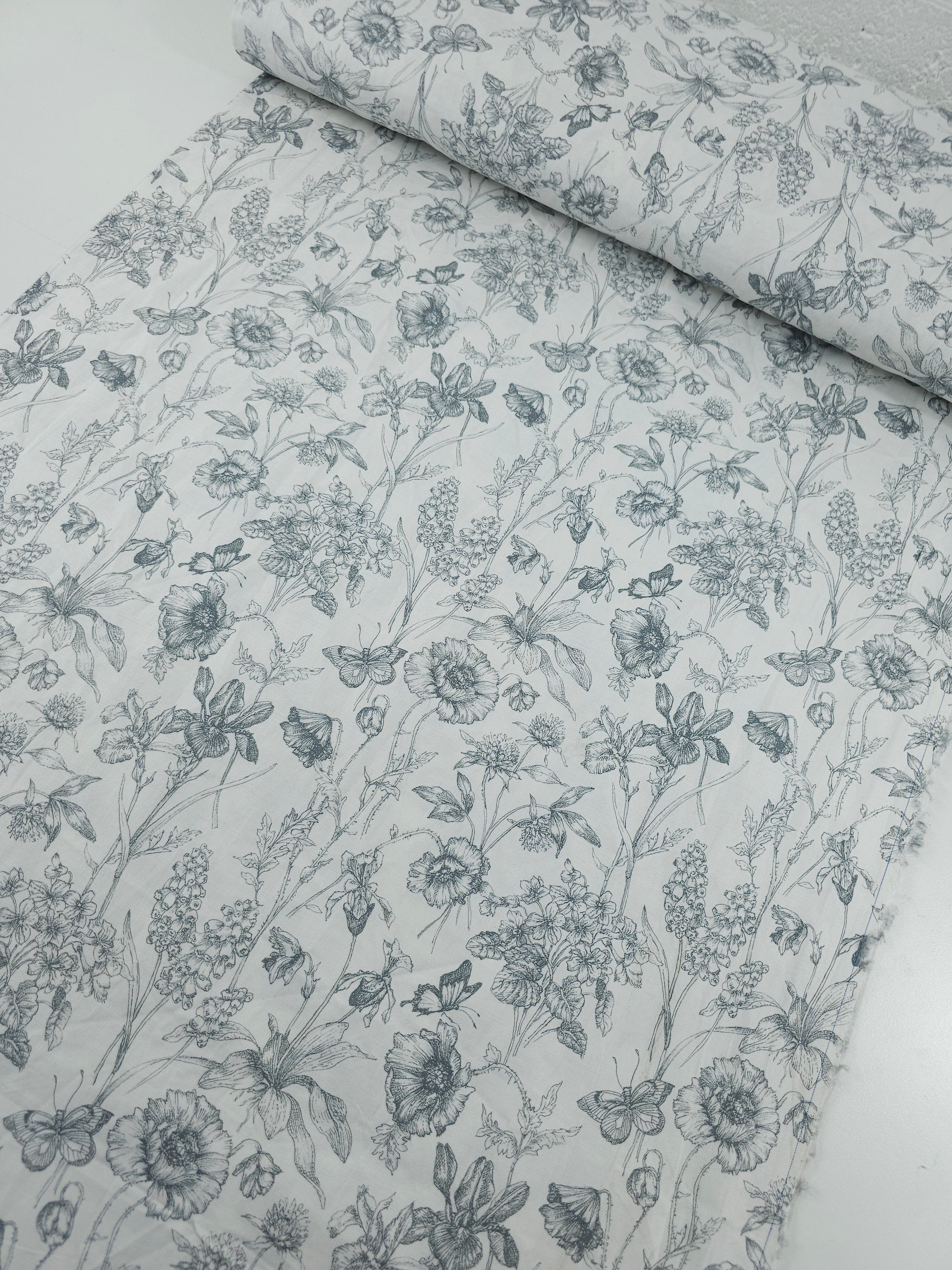 White/Grey Vintage Sketch Garden 100% Cotton
