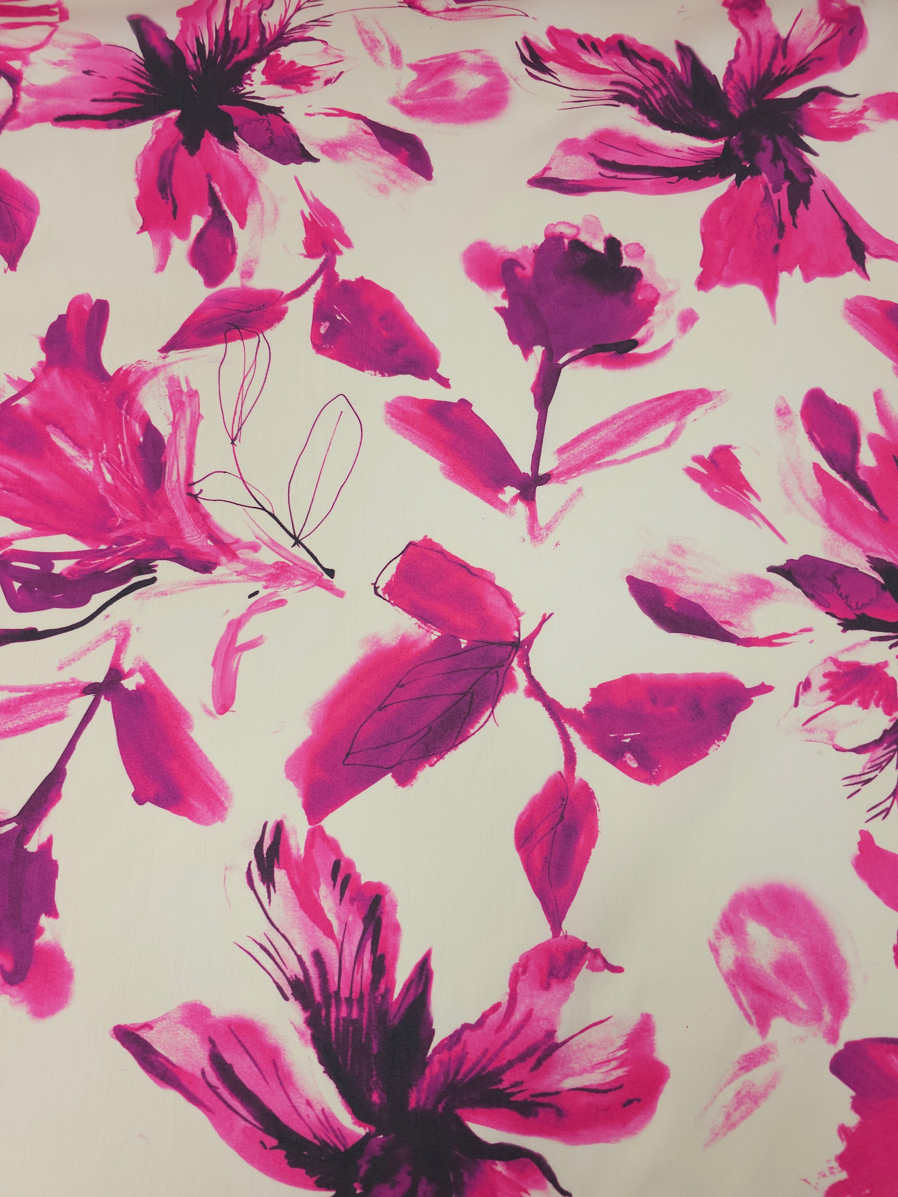 Cream/Magenta Watercolour Floral Lightweight Cotton Stretch