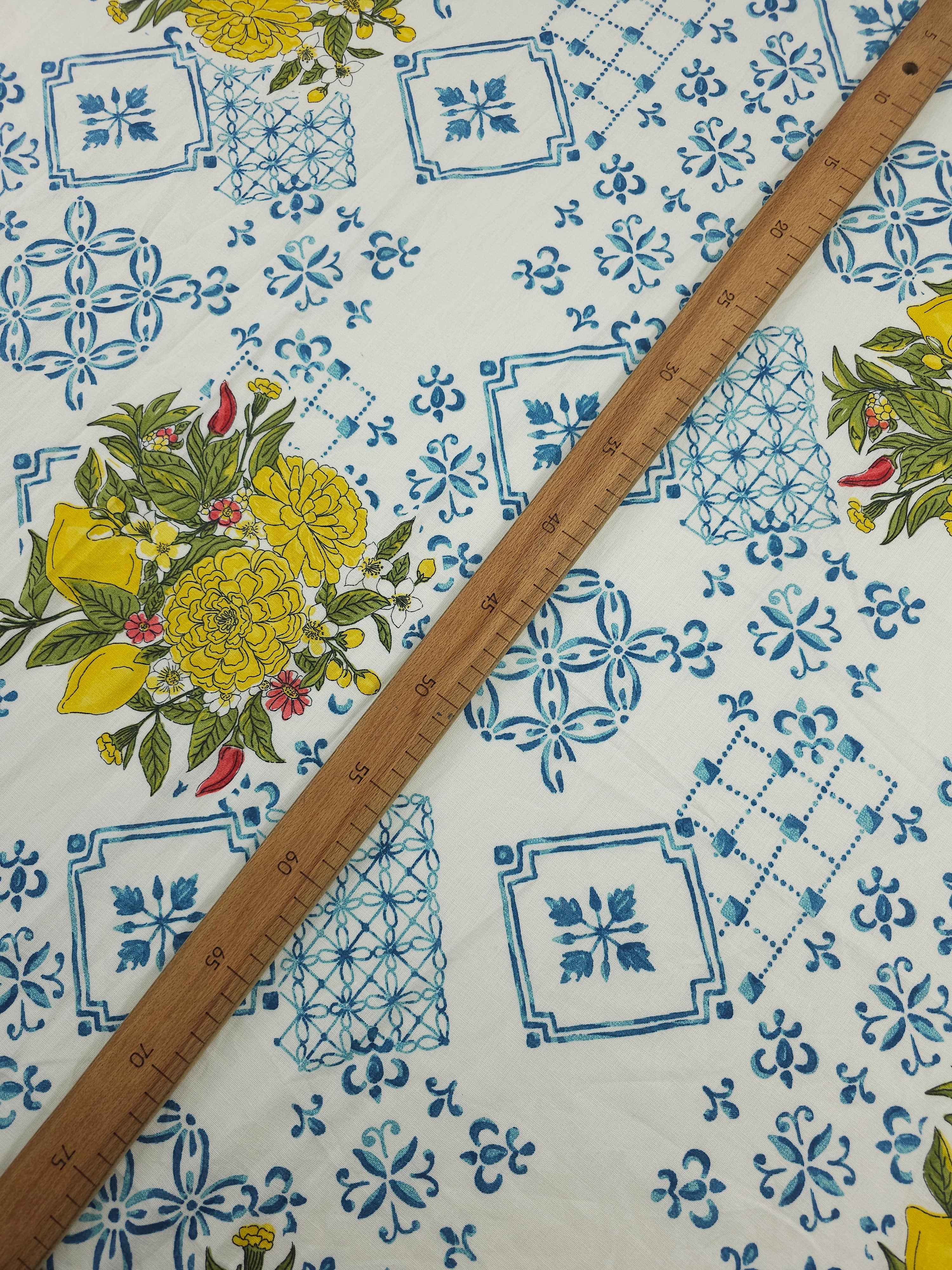 Blue Fantasia Lemon Floral Cotton Linen