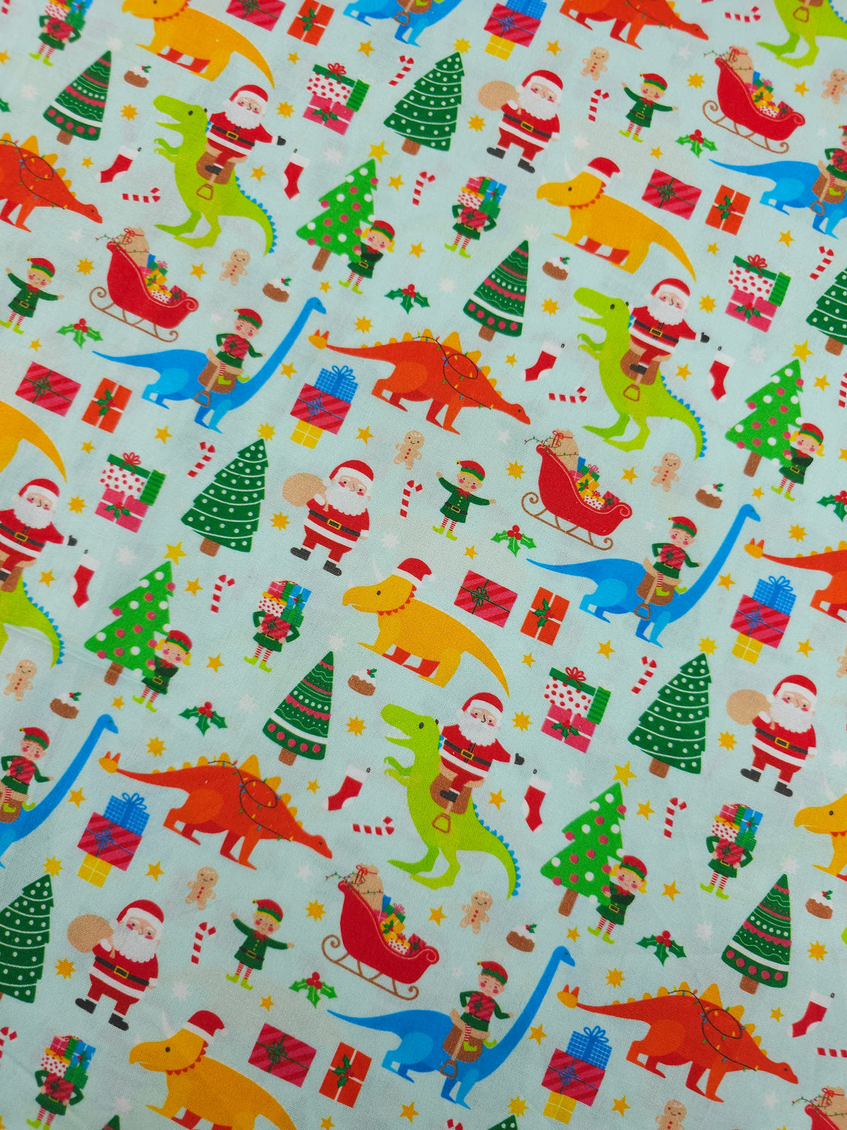 Light Blue Dino Santa Christmas 100% Cotton