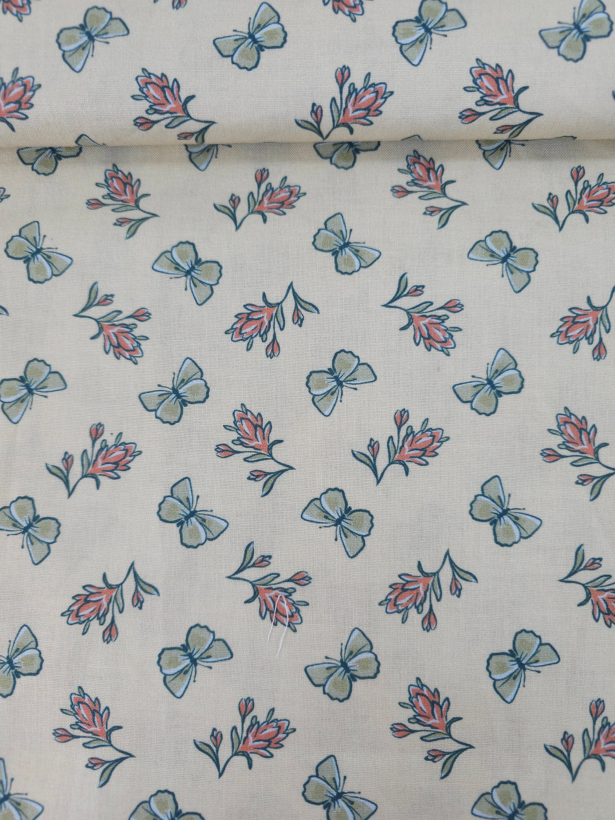 Cream Retro Butterfly Flower 100% Cotton