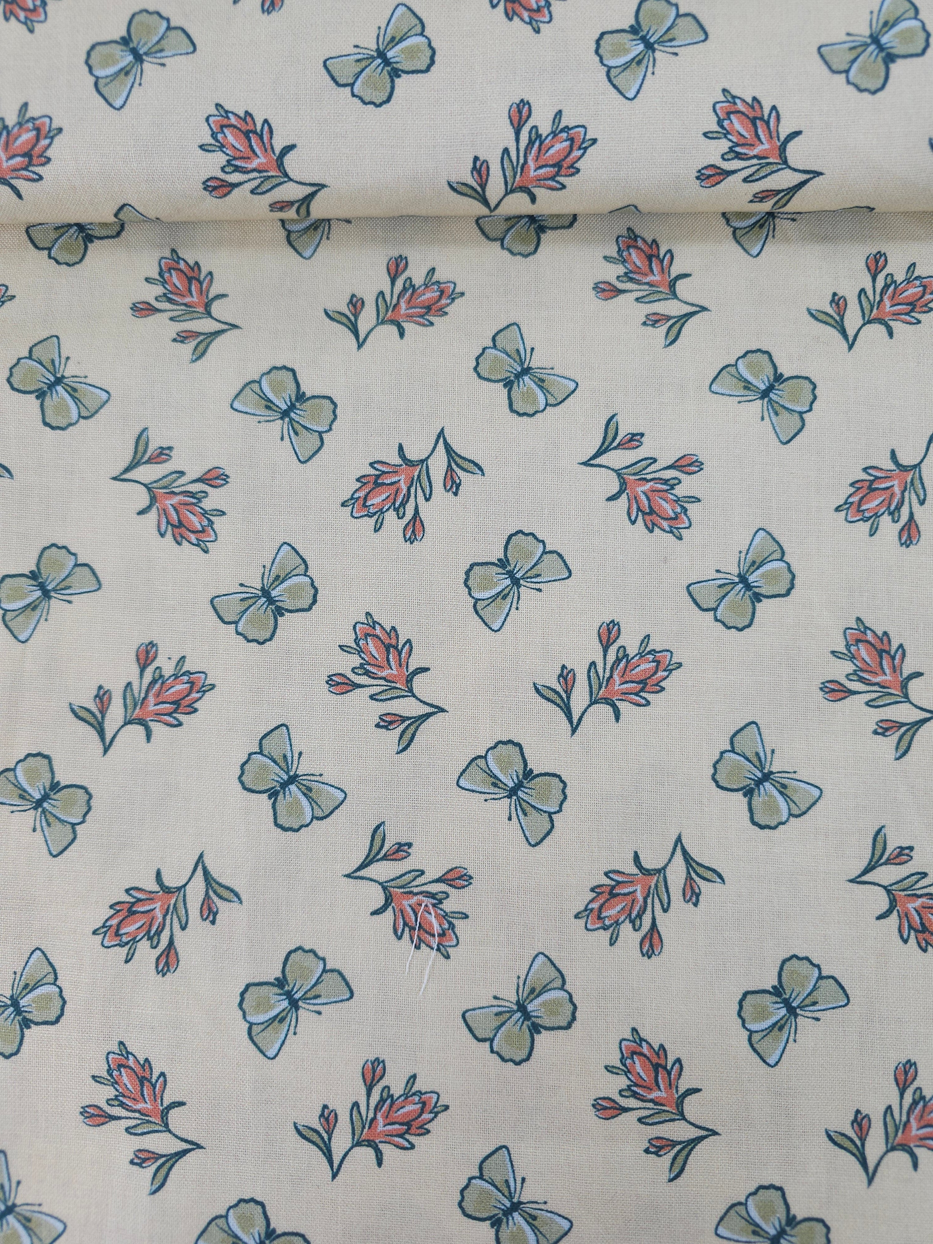Cream Retro Butterfly Flower 100% Cotton