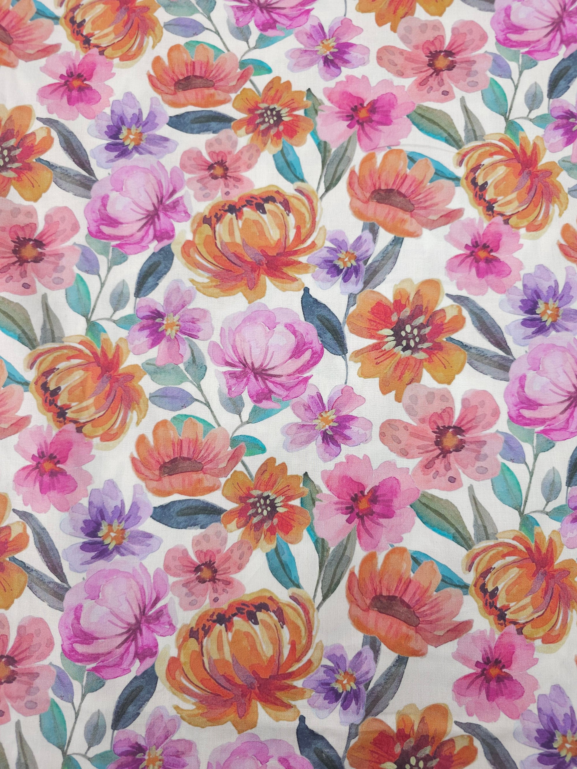 Summer Watercolour Florals On Ivory Fine Cotton Poplin 57"