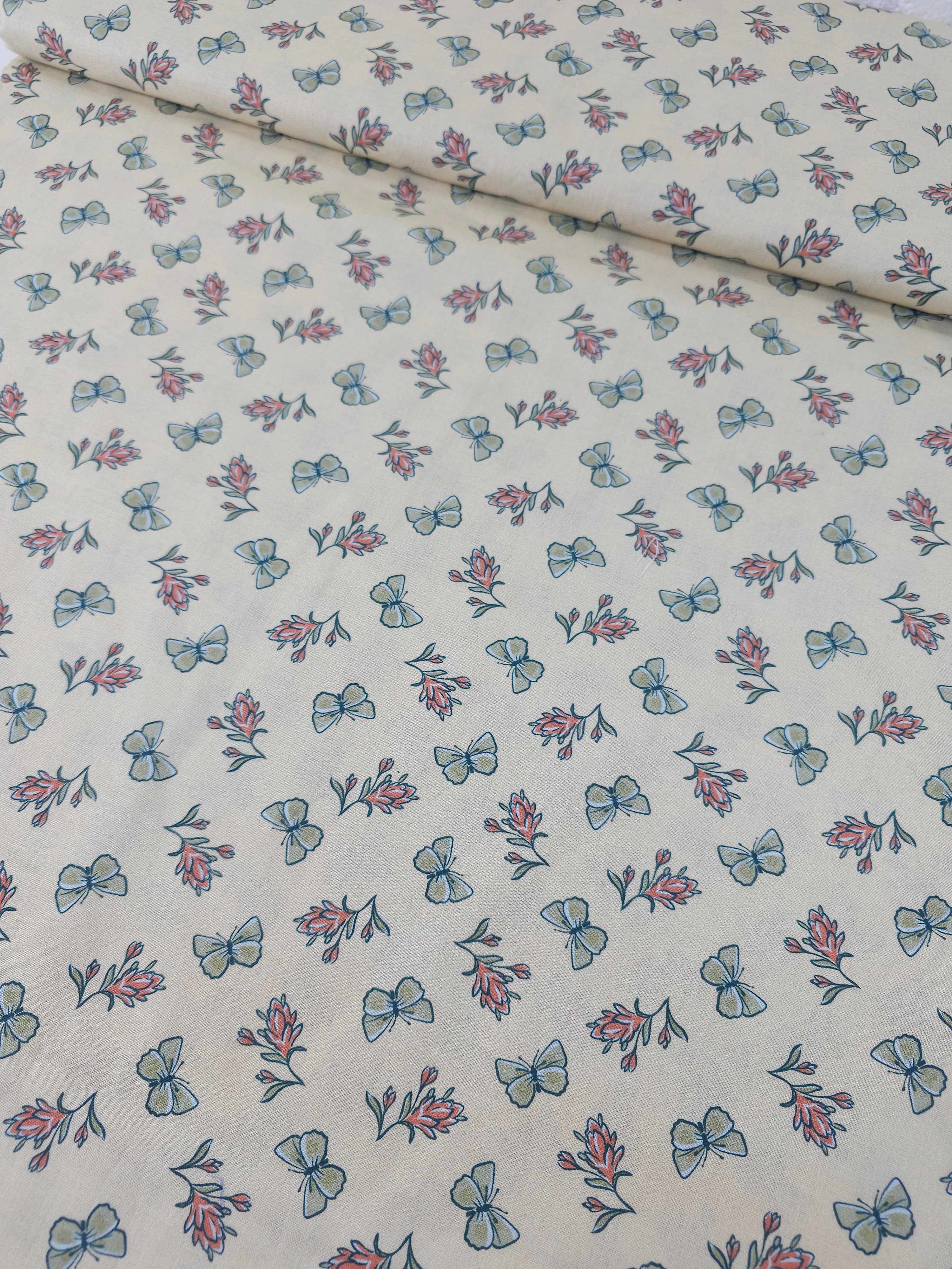 Cream Retro Butterfly Flower 100% Cotton
