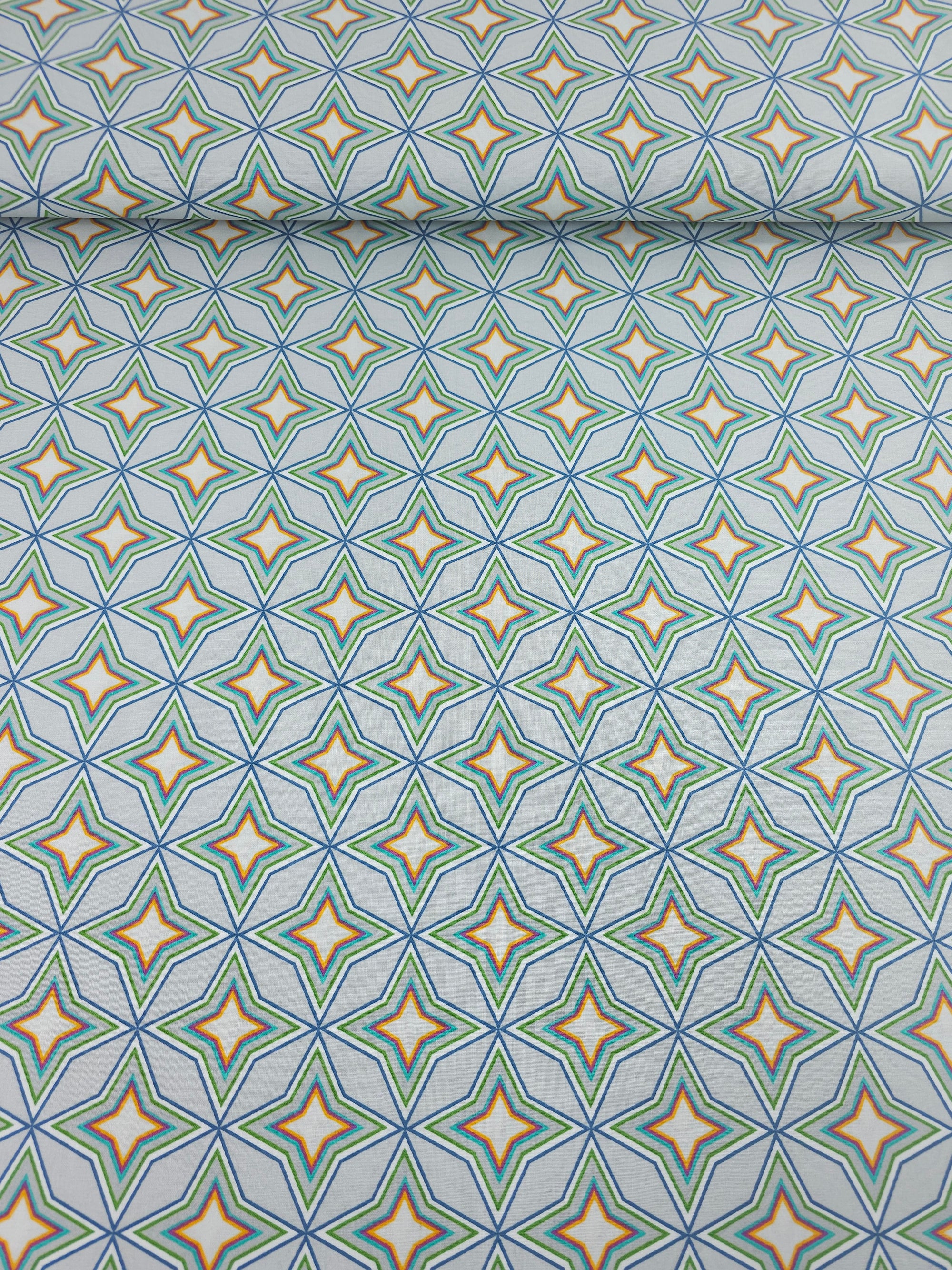 Grey/Mint Geometric Diamond Star 100% Cotton - Benartex