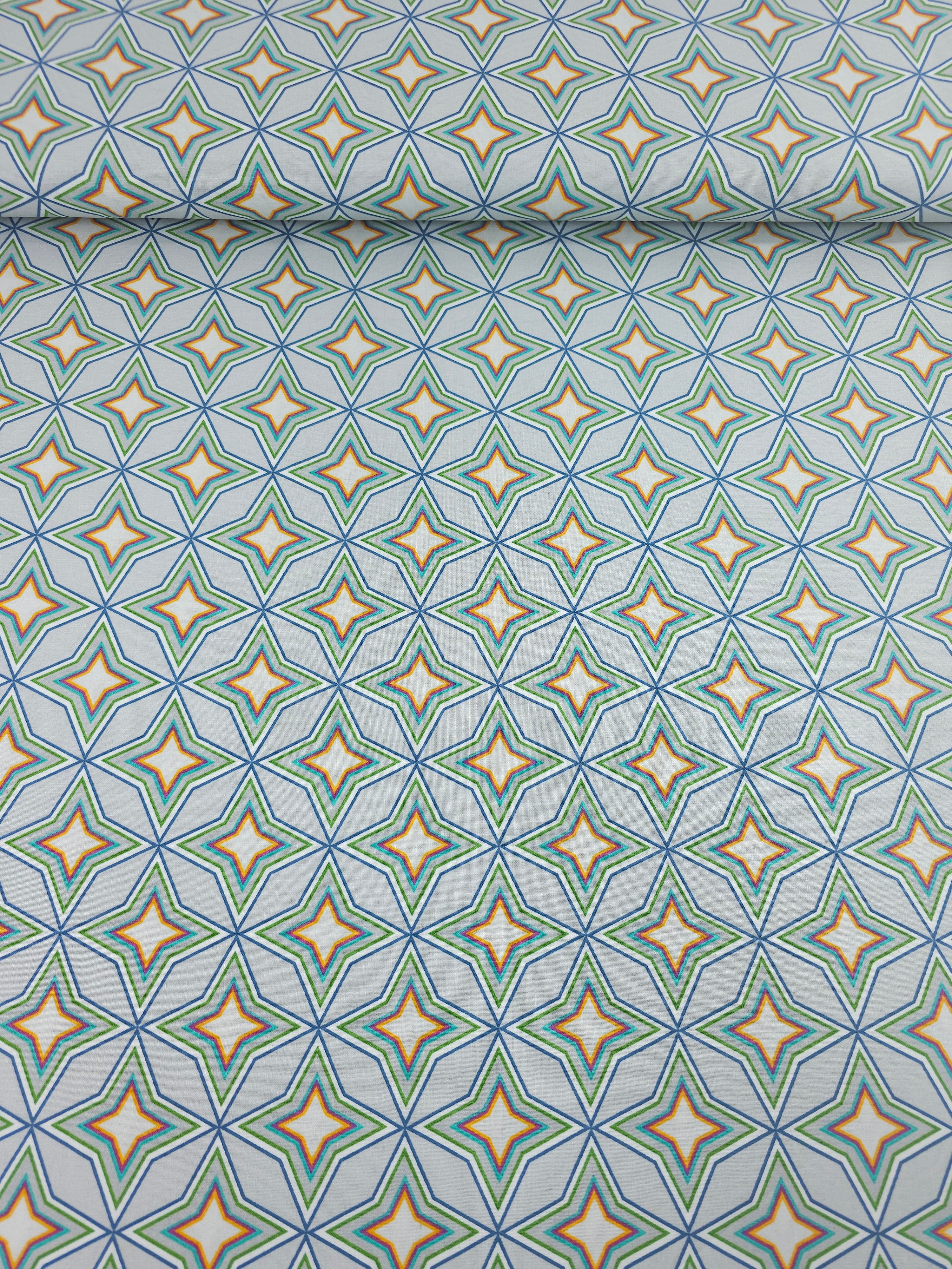 Grey/Mint Geometric Diamond Star 100% Cotton - Benartex