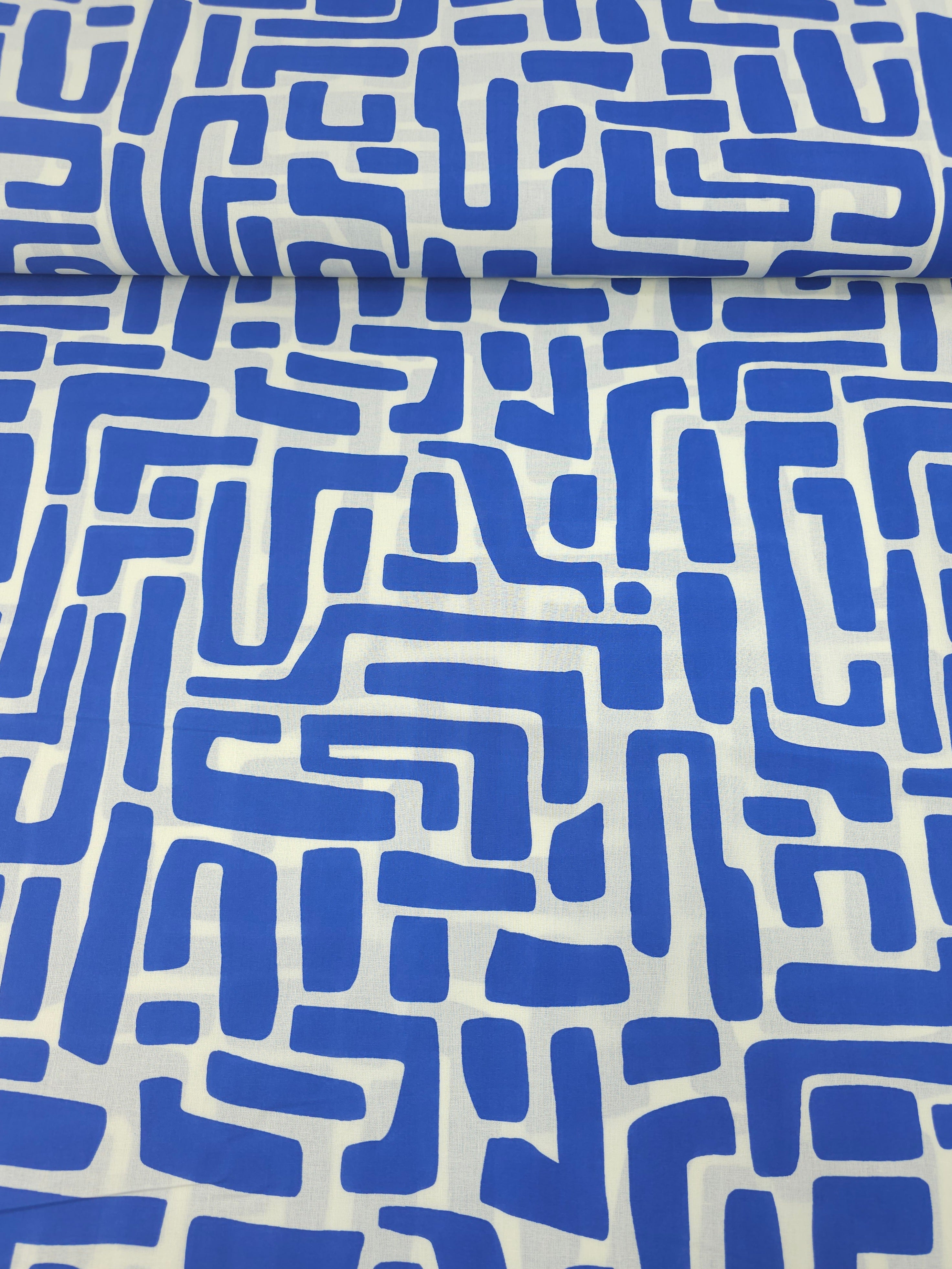 Blue/Ivory Cream Abstract Maze Coated Cotton 60"