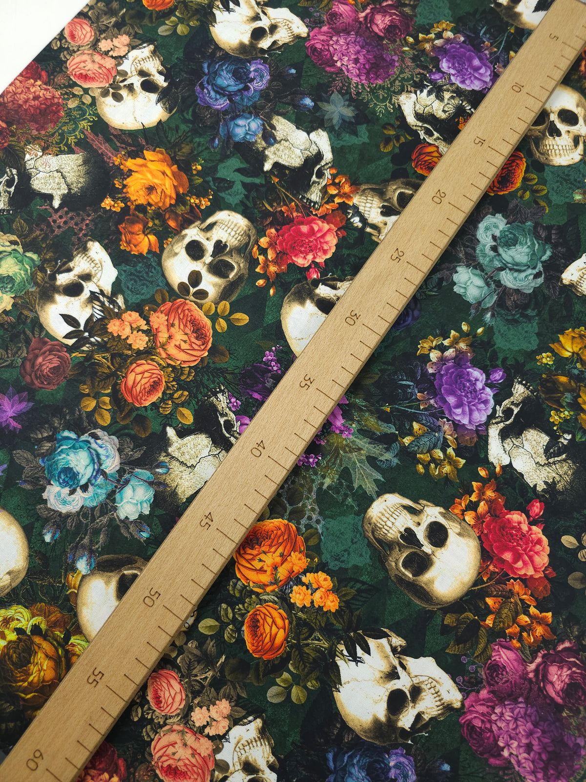 Green Vintage Floral Skull 100% Cotton - Robert Kaufman