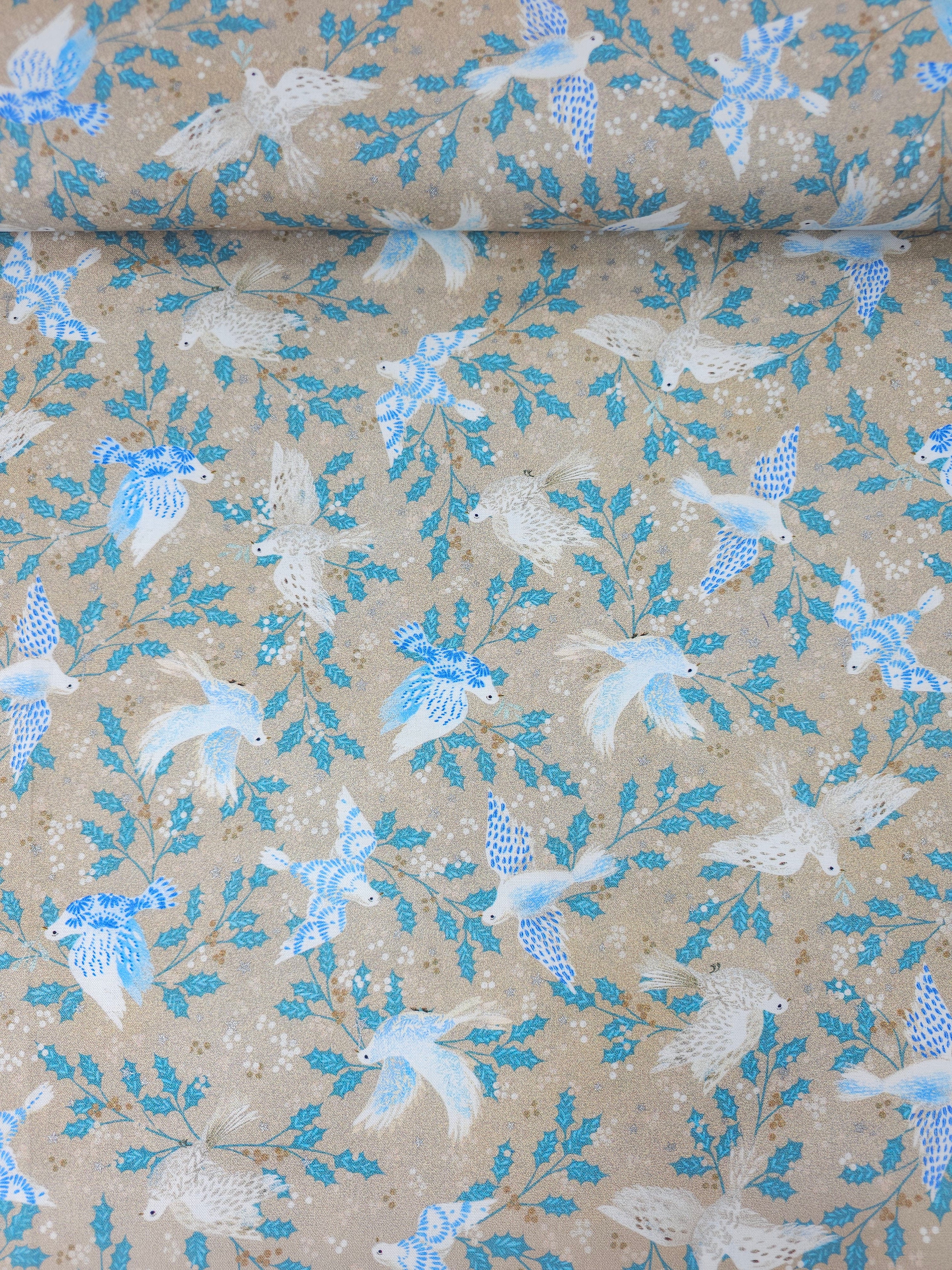Peaceful Holly Doves 100% Cotton - Robert Kaufman