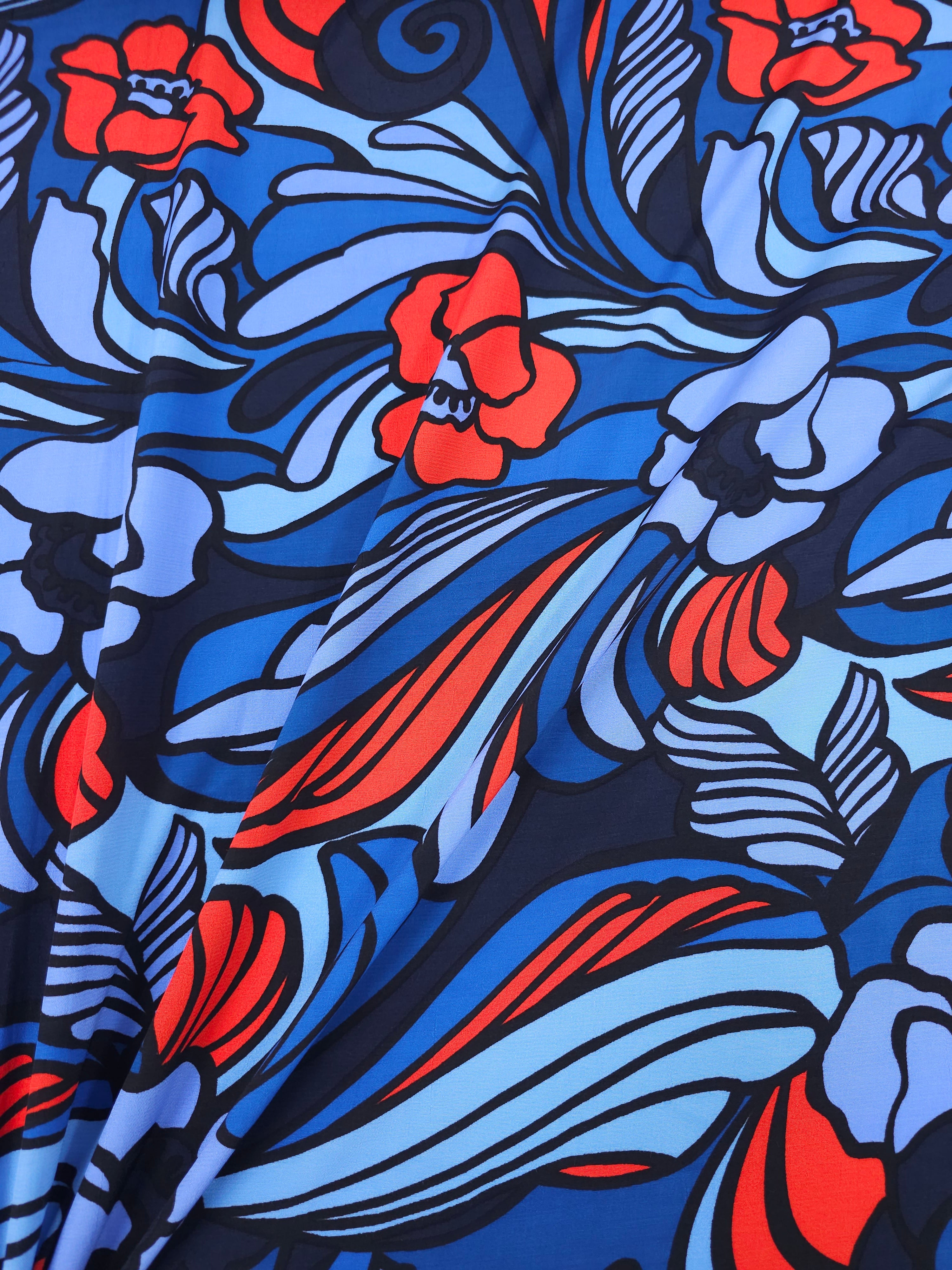 Blue/Red Doodle Floral Swirl Viscose Crepe