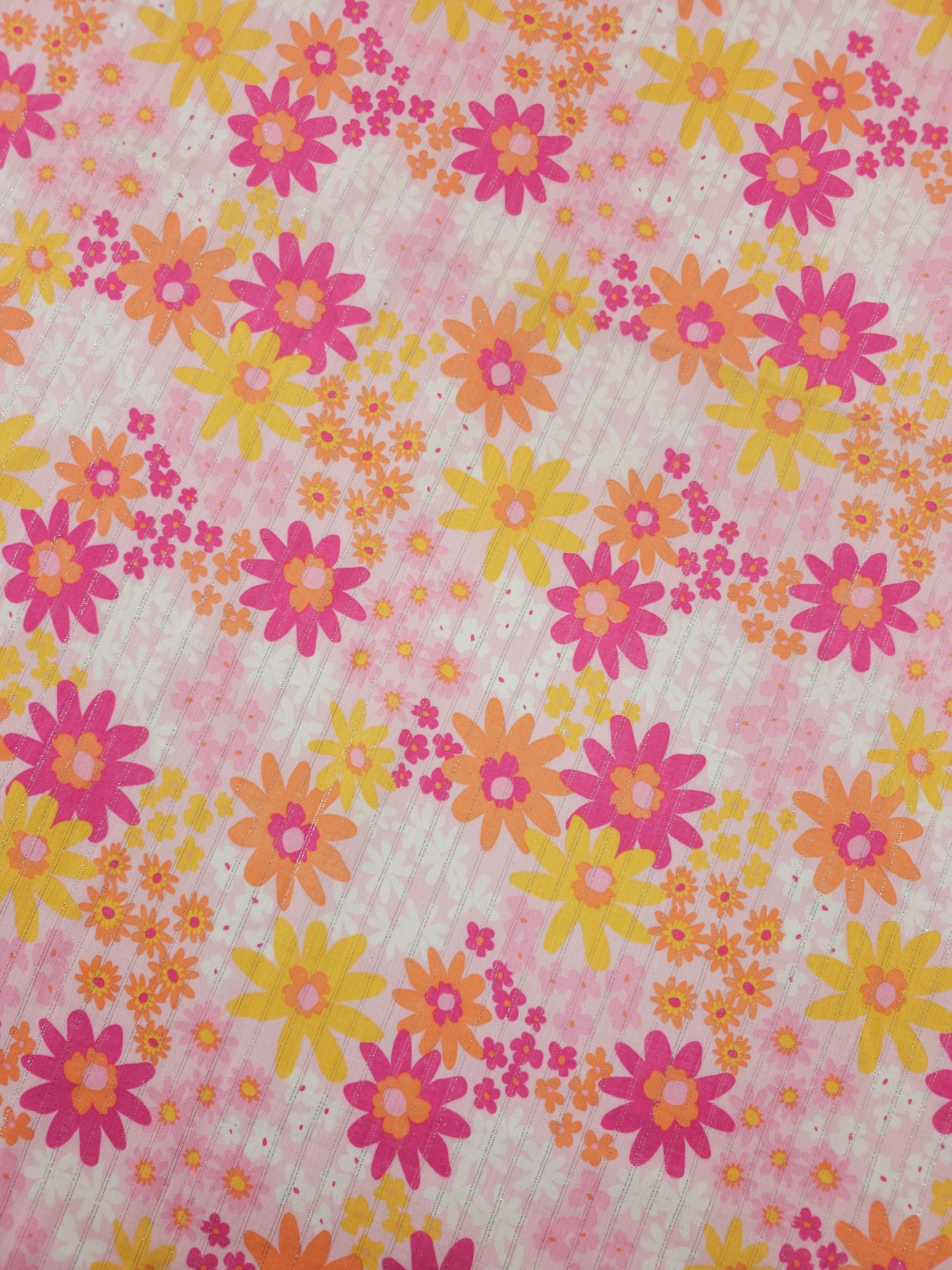 Orange/Pink Floral Silver Lurex Double Gauze