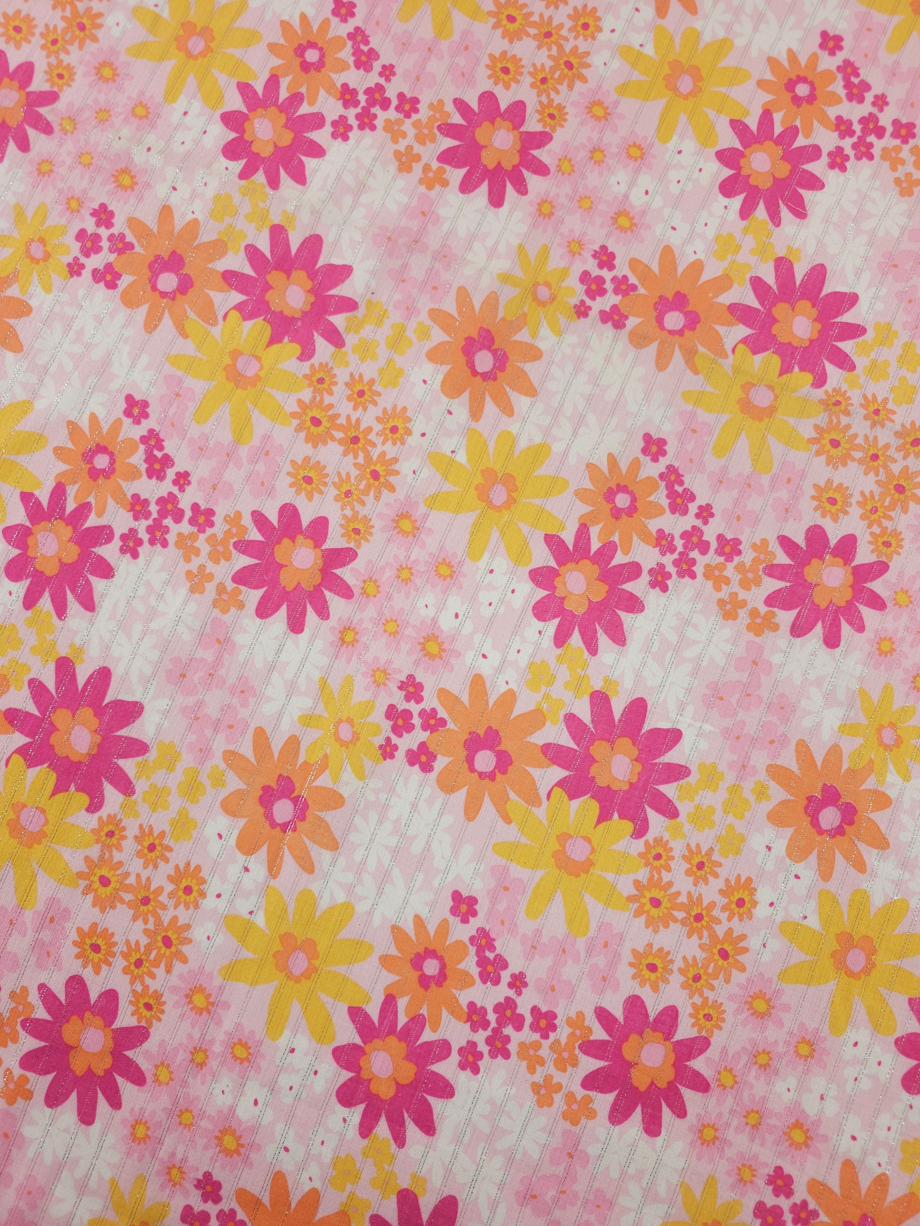 Orange/Pink Floral Silver Lurex Double Gauze