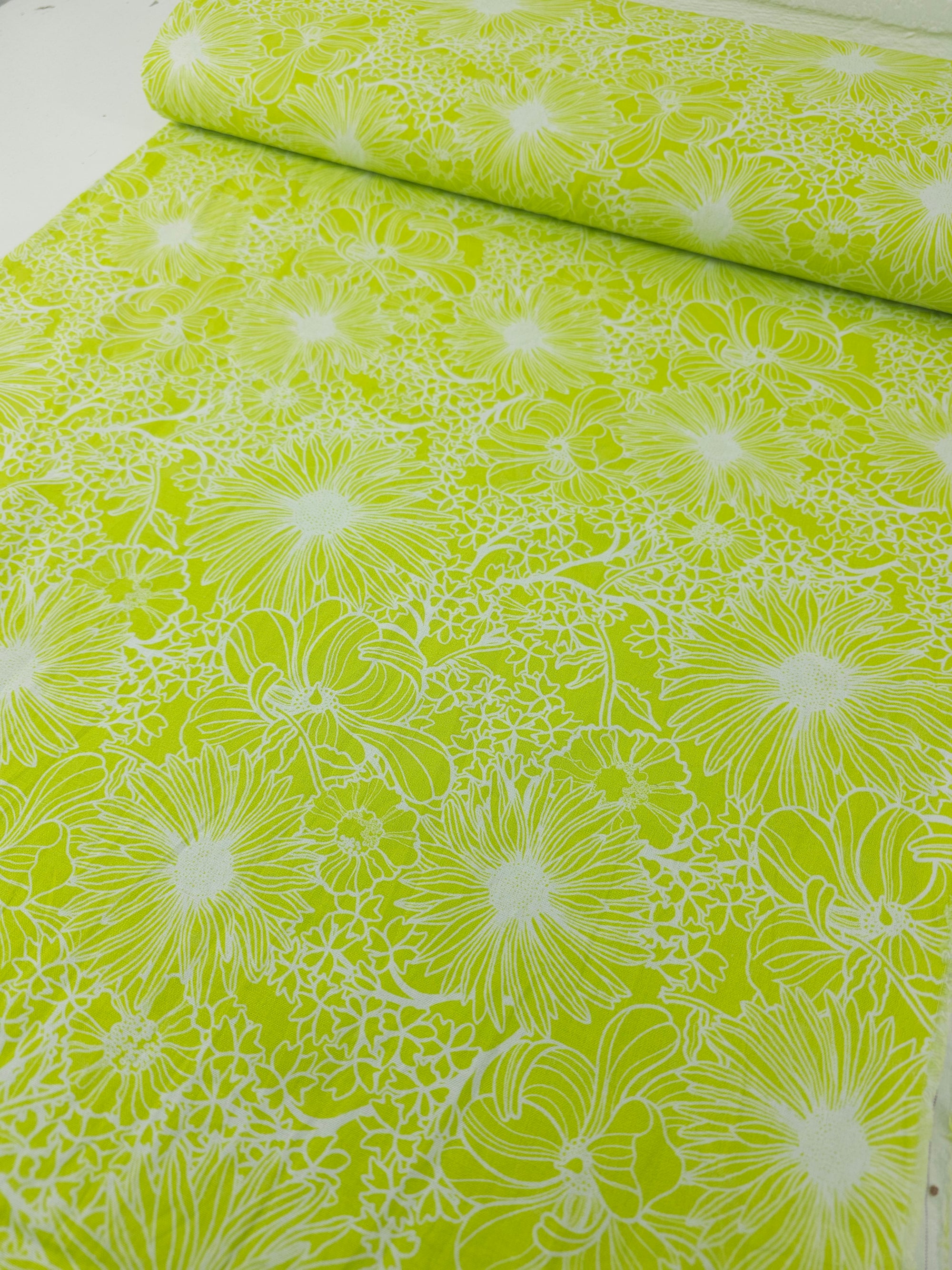 Lime Wonder Floral Sketch 100% Cotton