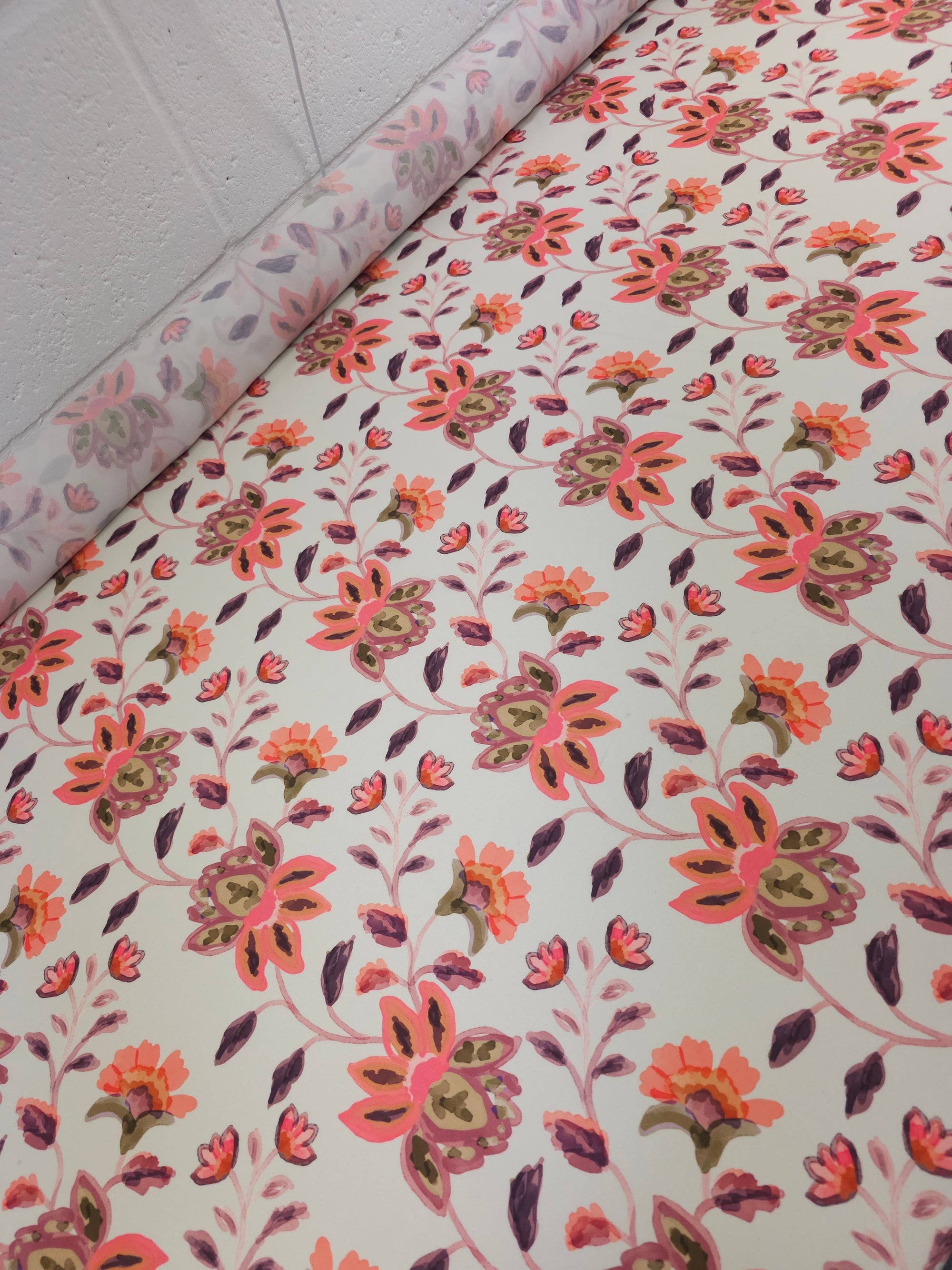 Ivory Cream/Coral Symmetry Floral Viscose Crepe