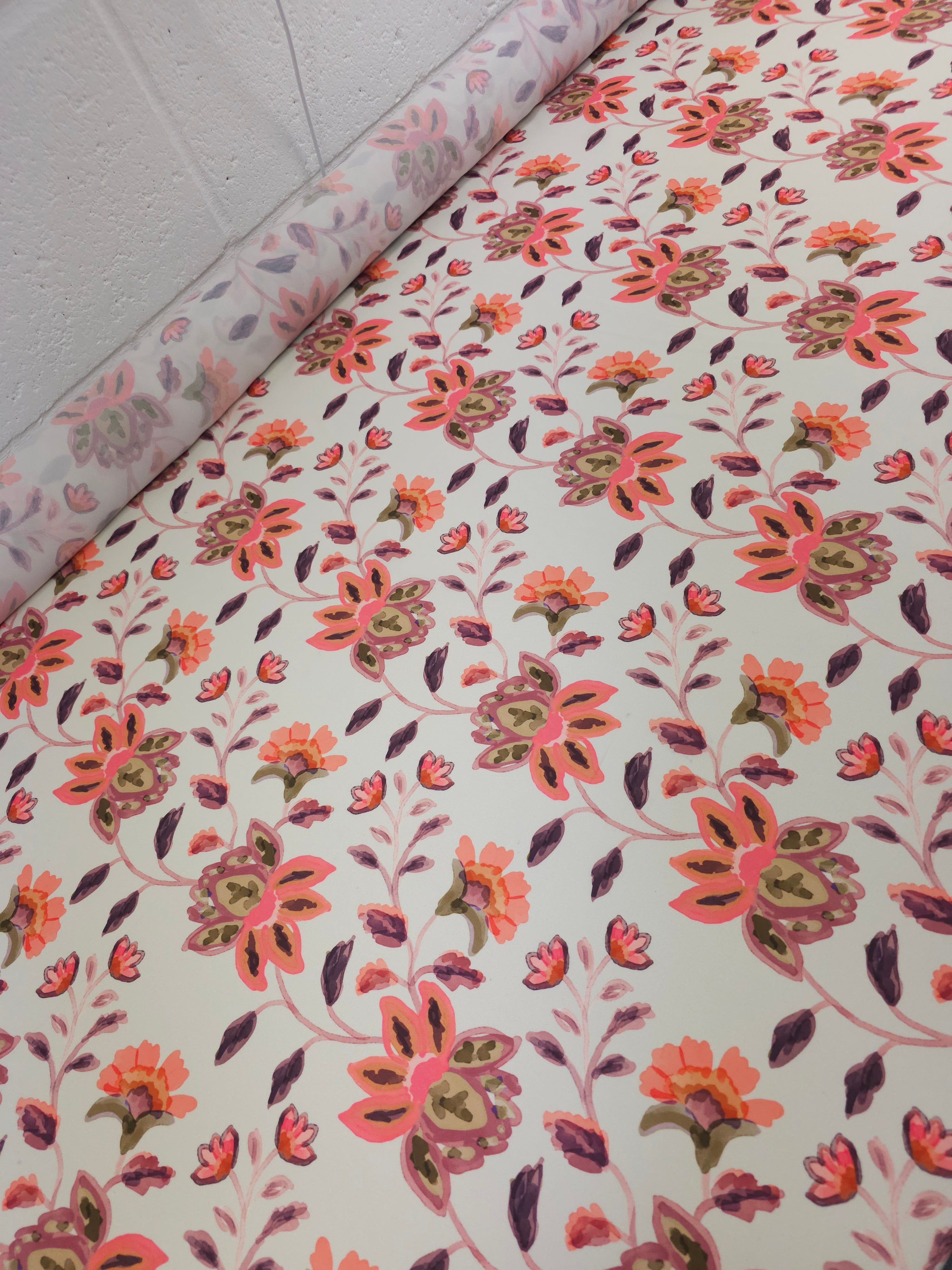 Ivory Cream/Coral Symmetry Floral Viscose Crepe